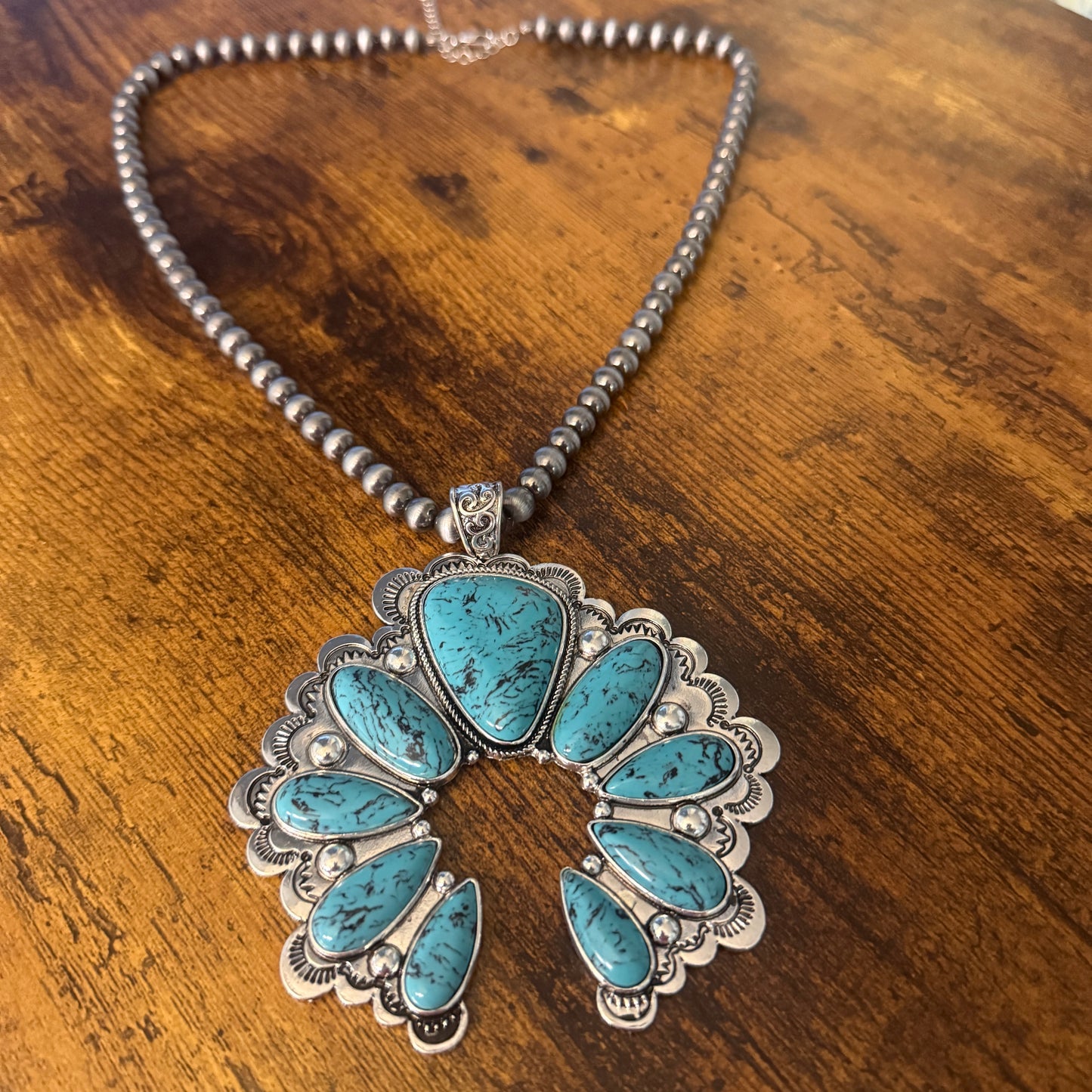 Turquoise Squash Pearl Necklace Mixed Metals 24 Inch Handcrafted Silver Elegant