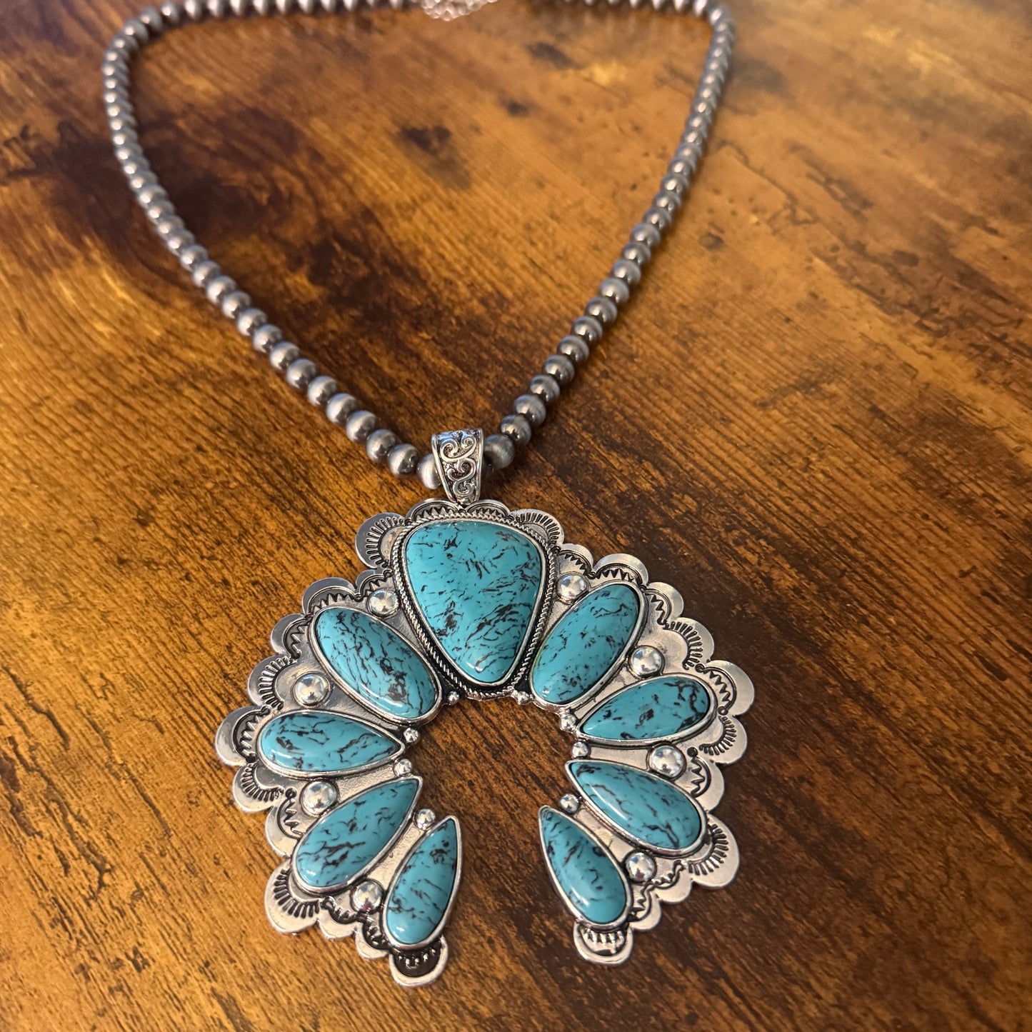 Turquoise Squash Pearl Necklace Mixed Metals 24 Inch Handcrafted Silver Elegant