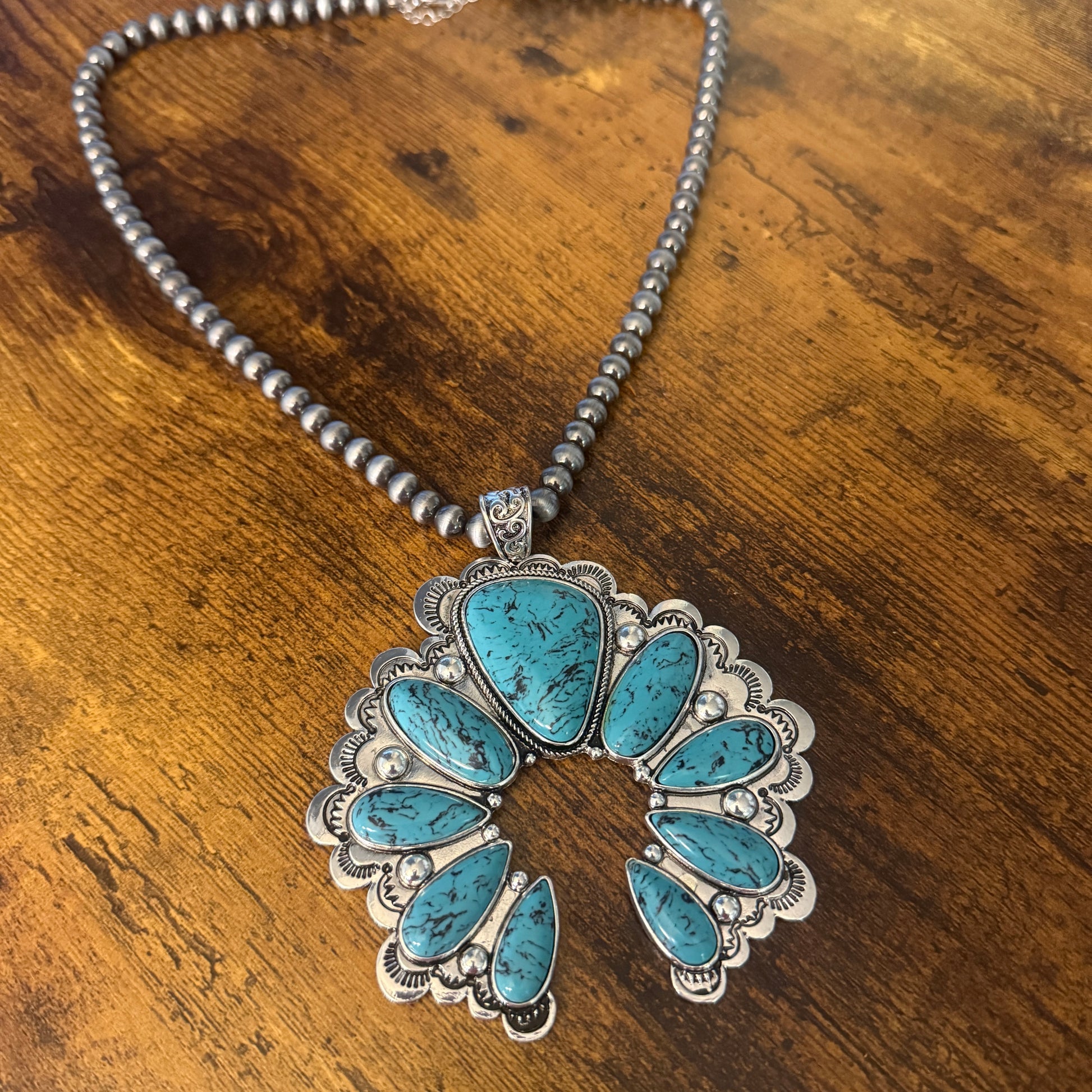 Turquoise Squash Pearl Necklace Mixed Metals 24 Inch Handcrafted Silver Elegant