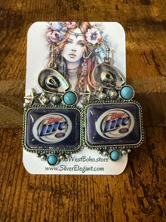 Western Cowgirl Miller Light Beer Drop Wire Earrings Mixed Metals Silver Elegant