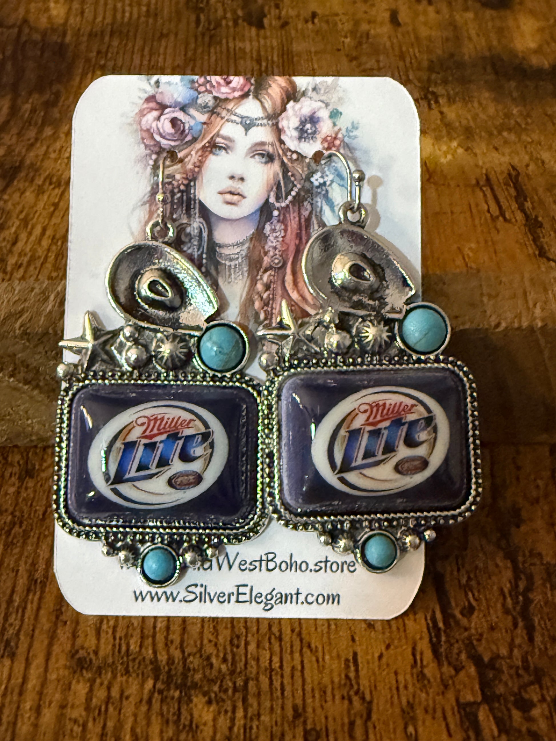 Western Cowgirl Miller Light Beer Drop Wire Earrings Mixed Metals Silver Elegant