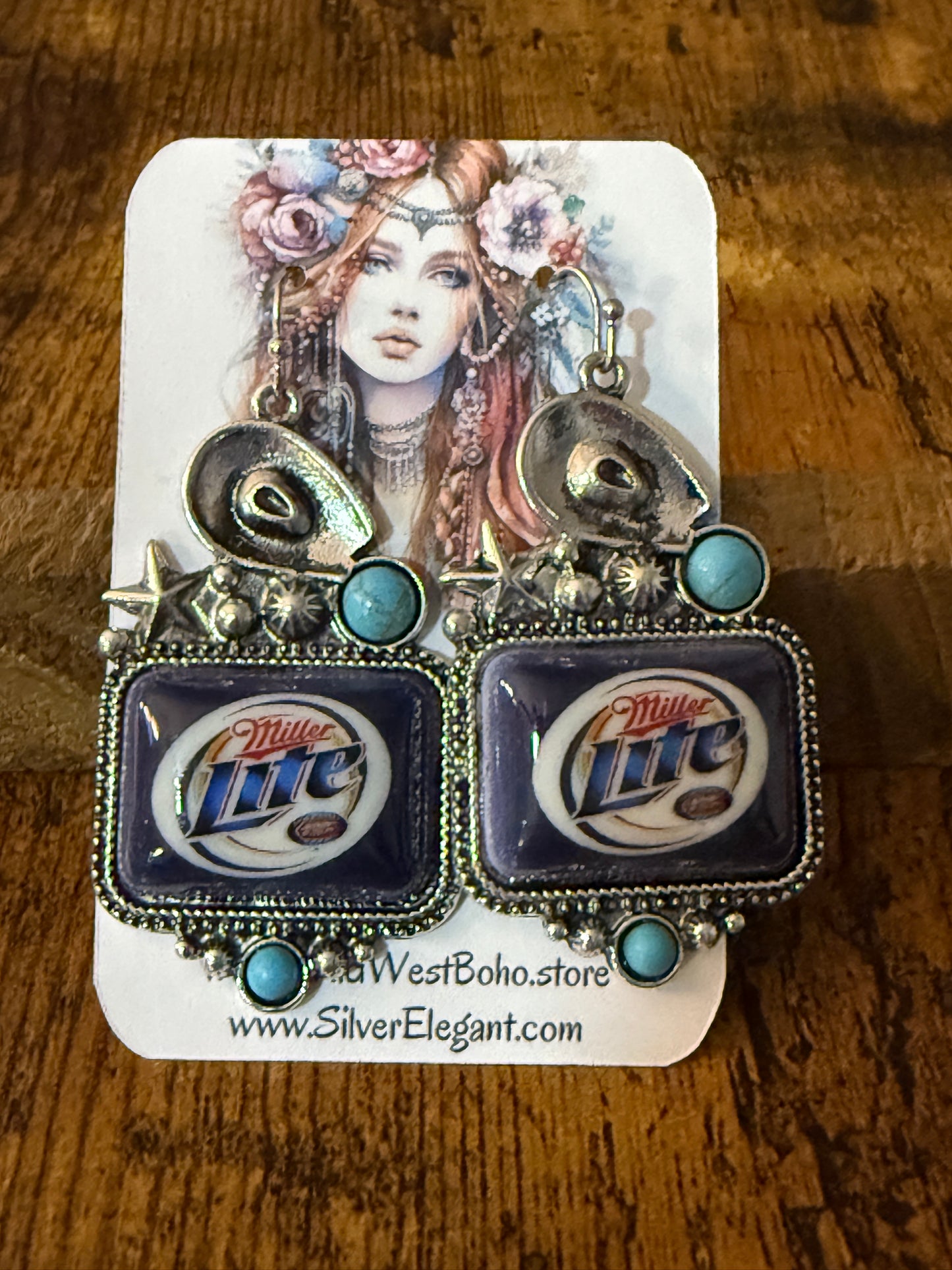 Western Cowgirl Miller Light Beer Drop Wire Earrings Mixed Metals Silver Elegant
