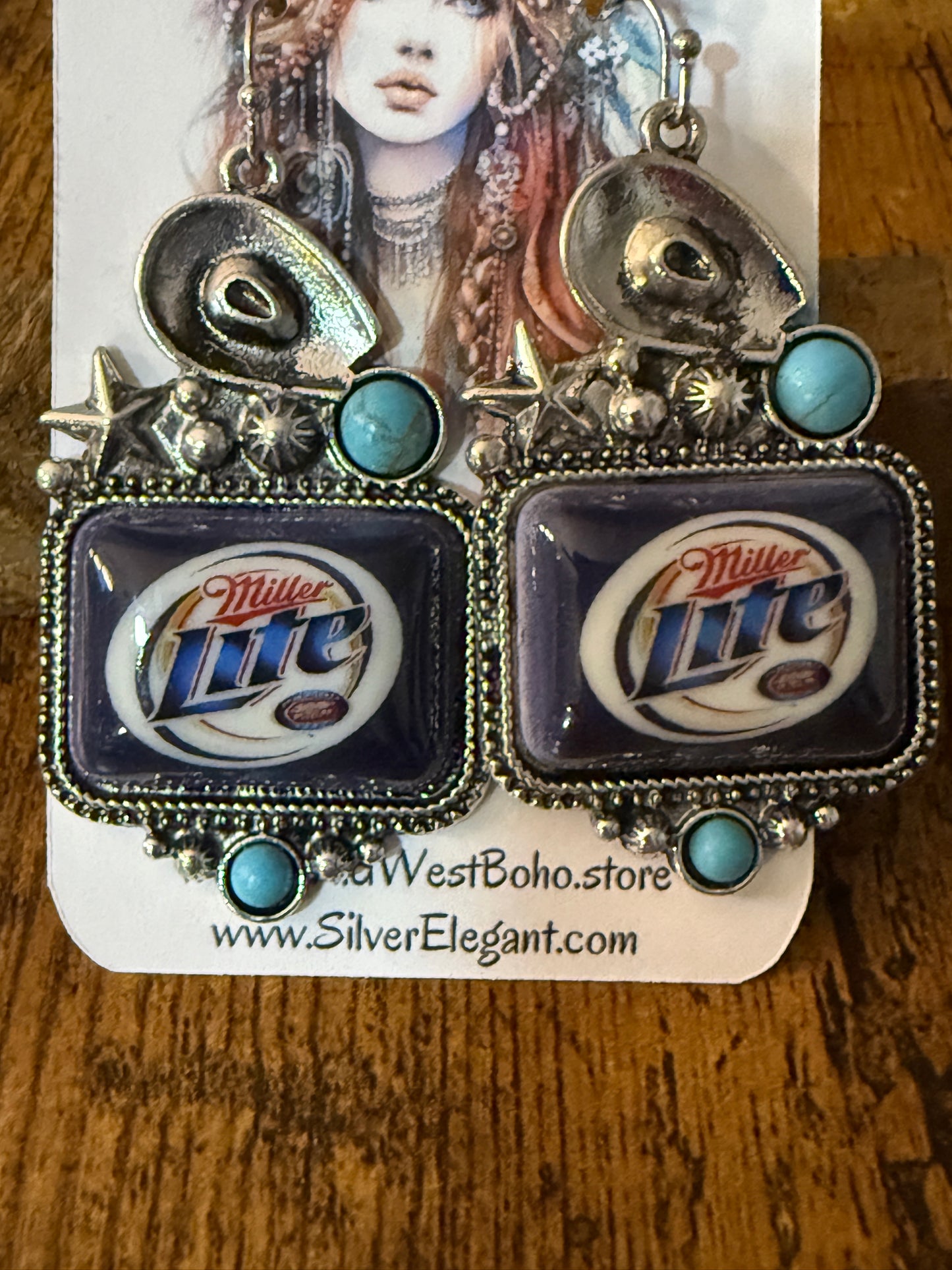 Western Cowgirl Miller Light Beer Drop Wire Earrings Mixed Metals Silver Elegant