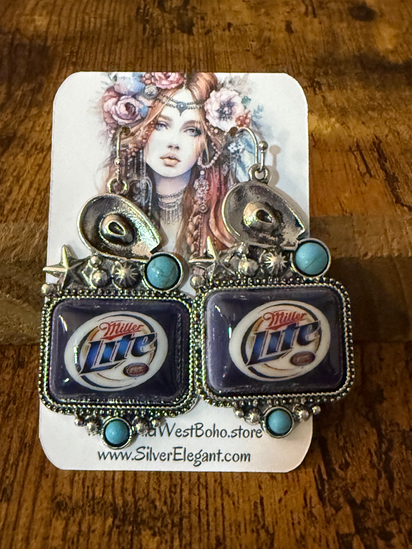 Western Cowgirl Miller Light Beer Drop Wire Earrings Mixed Metals Silver Elegant