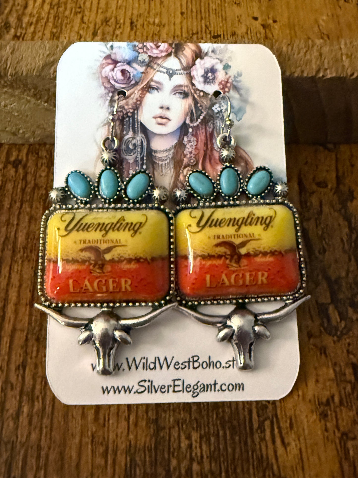 Western Cowgirl Yuengling Lager Drop Wire Earrings Mixed Metals Silver Elegant