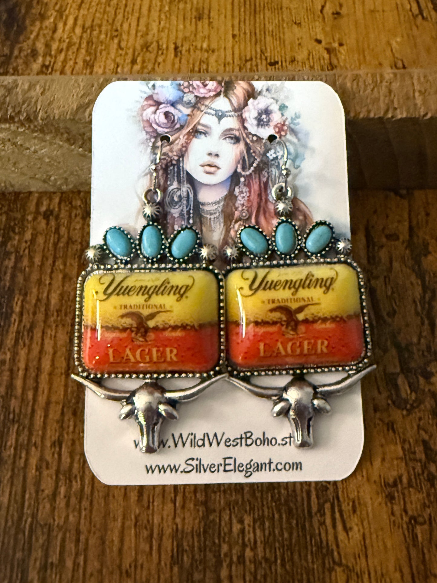 Western Cowgirl Yuengling Lager Drop Wire Earrings Mixed Metals Silver Elegant