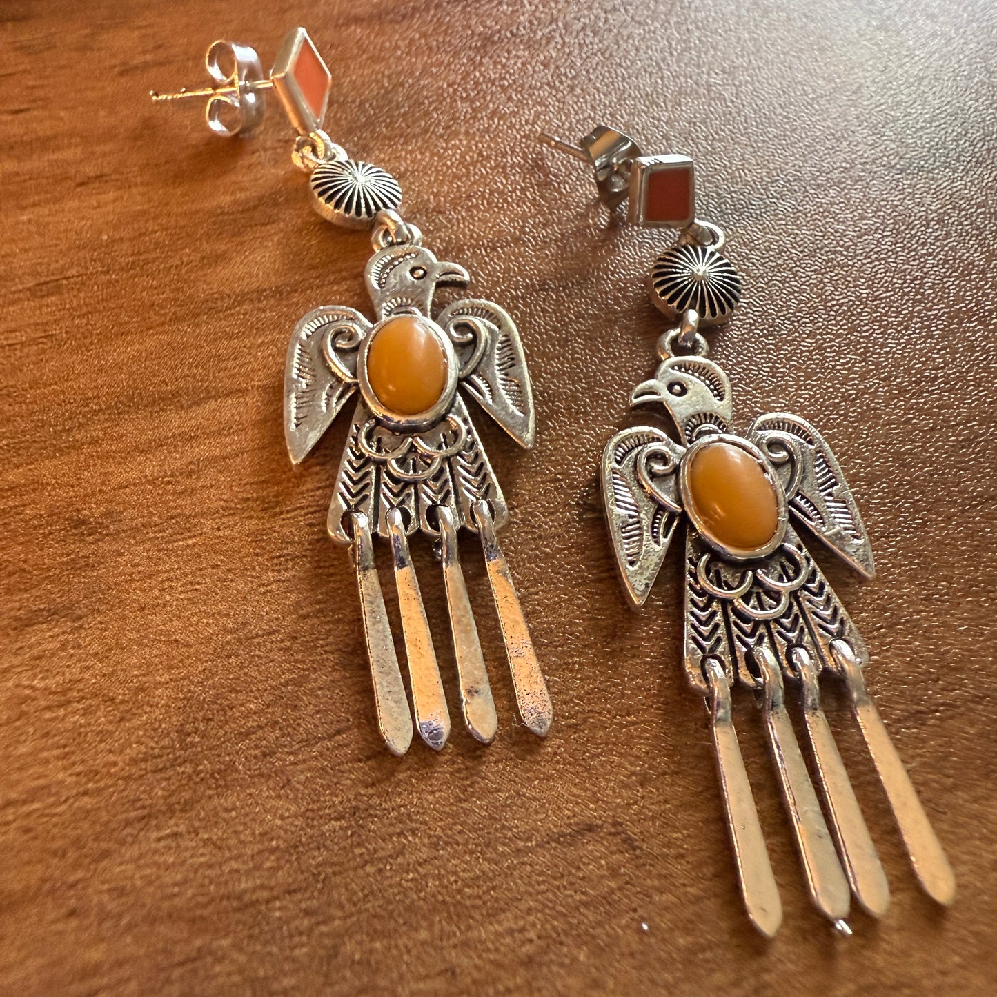 Navajo Style Thunderbird Post Drop Earrings With Faux Coral Gemstones In Mixed Metals Silver Elegant