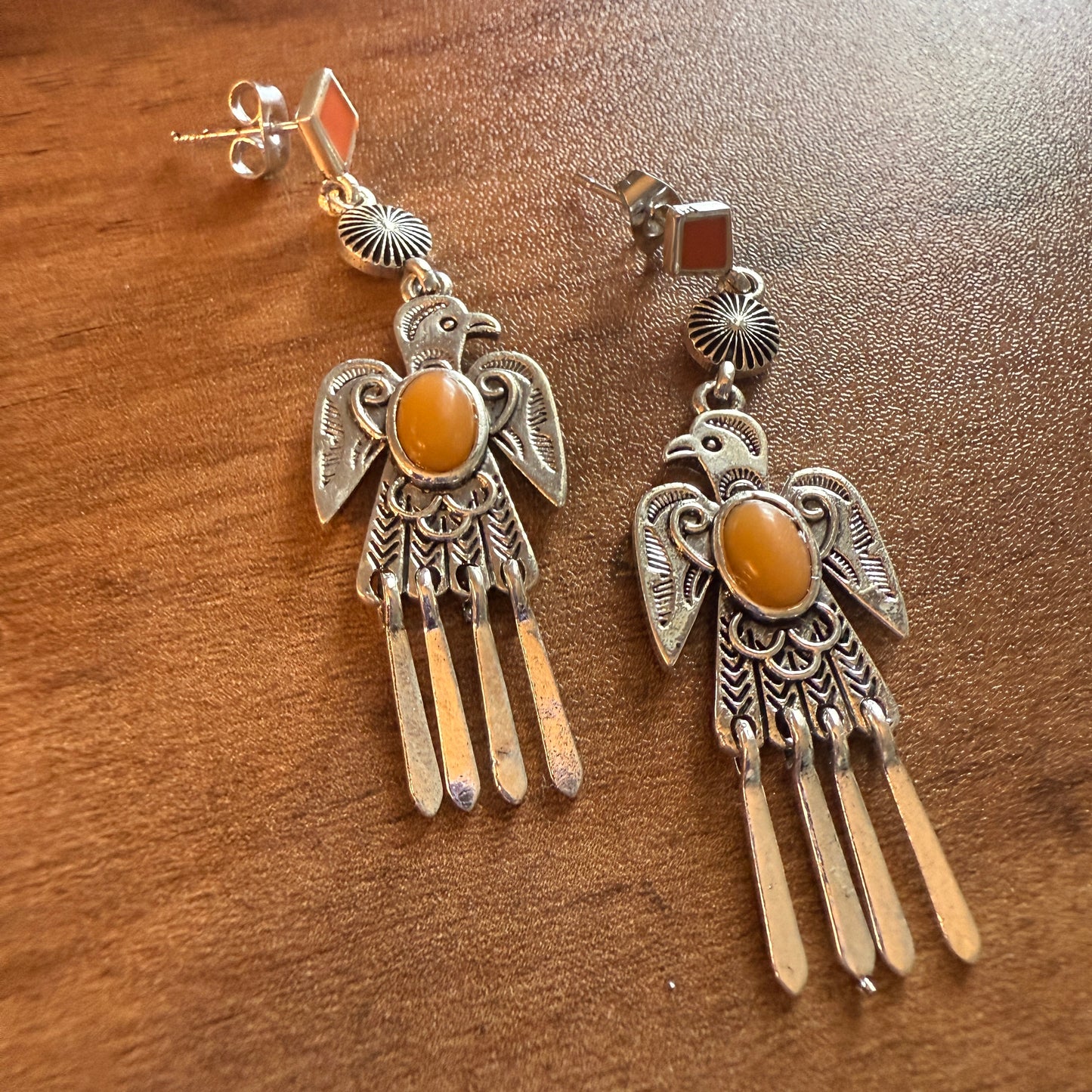 Navajo Style Thunderbird Post Drop Earrings With Faux Coral Gemstones In Mixed Metals Silver Elegant
