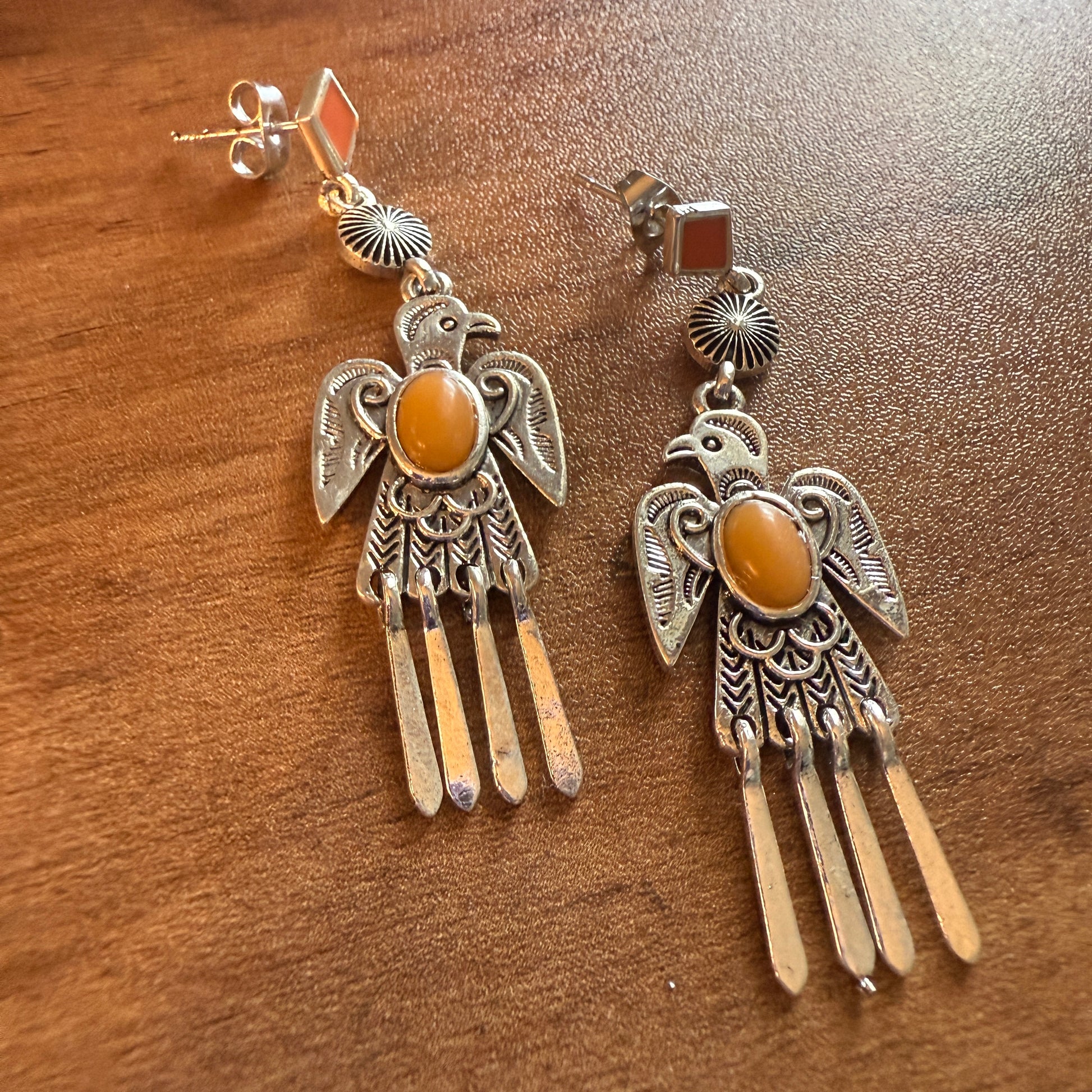 Navajo Style Thunderbird Post Drop Earrings With Faux Coral Gemstones In Mixed Metals Silver Elegant
