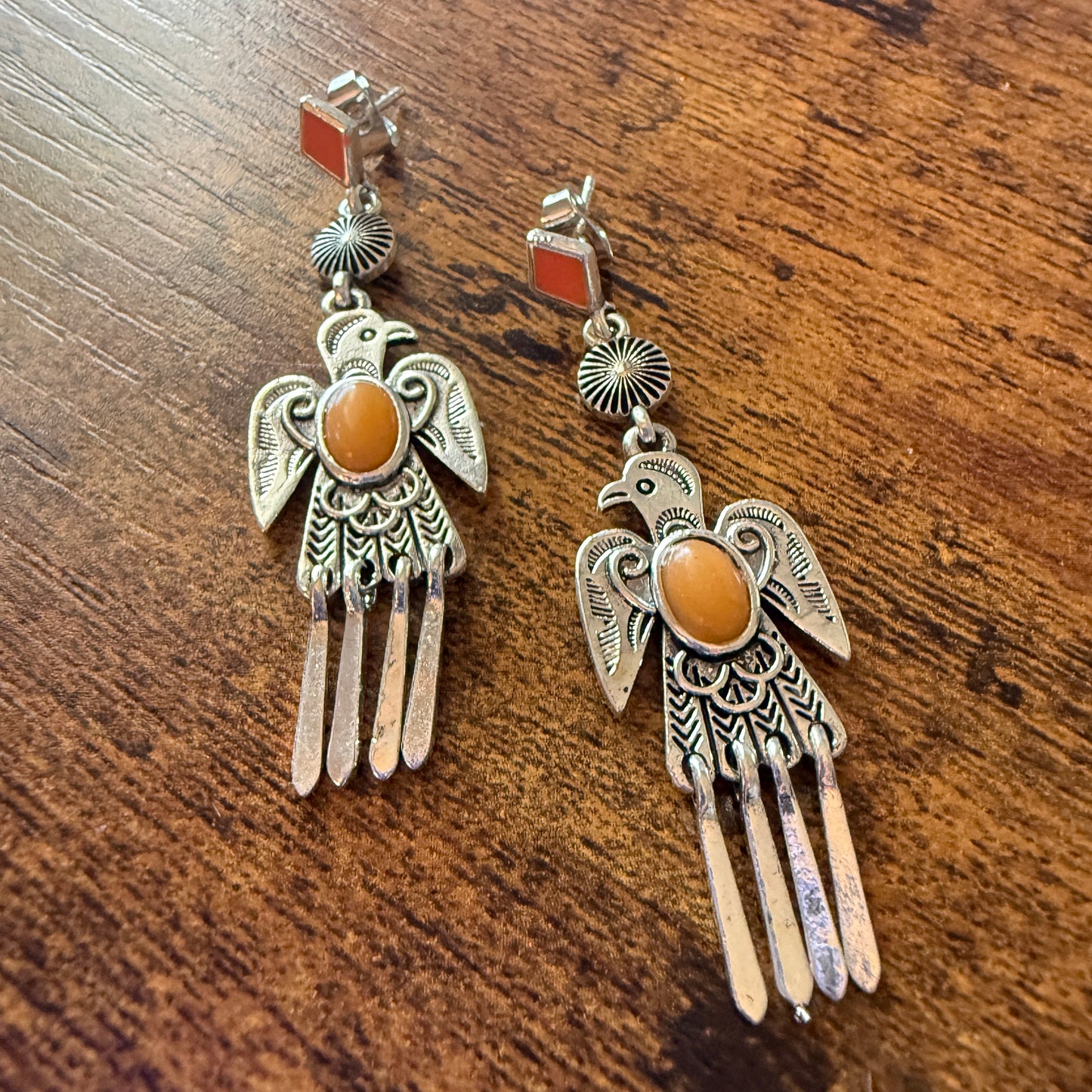 Navajo Style Thunderbird Post Drop Earrings With Faux Coral Gemstones In Mixed Metals Silver Elegant
