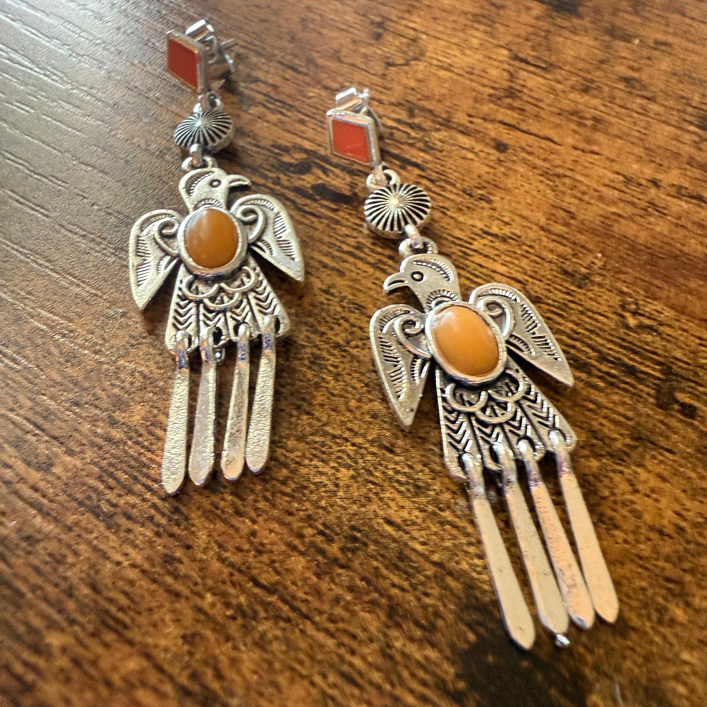 Navajo Style Thunderbird Post Drop Earrings With Faux Coral Gemstones In Mixed Metals Silver Elegant