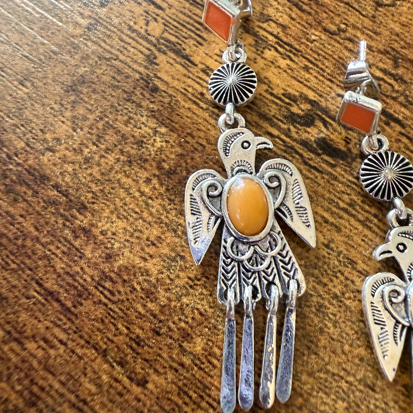 Navajo Style Thunderbird Post Drop Earrings With Faux Coral Gemstones In Mixed Metals Silver Elegant