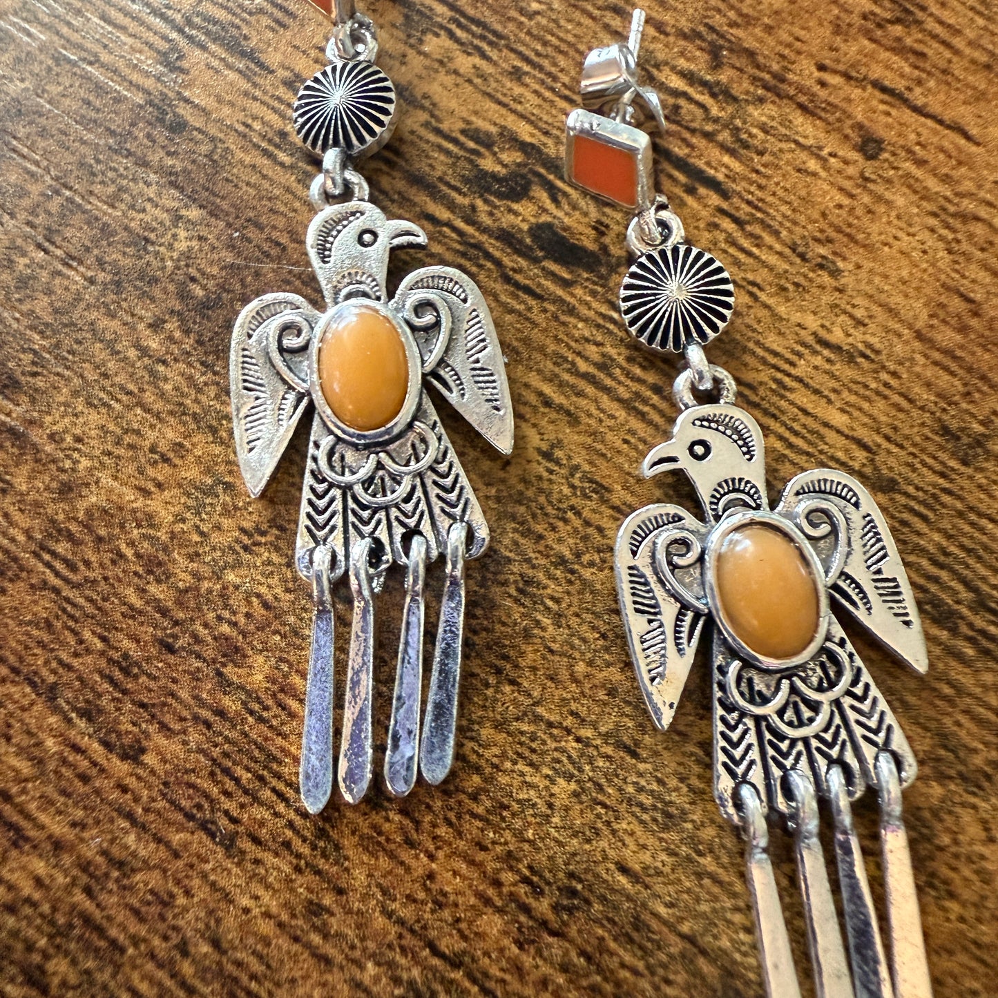 Navajo Style Thunderbird Post Drop Earrings With Faux Coral Gemstones In Mixed Metals Silver Elegant