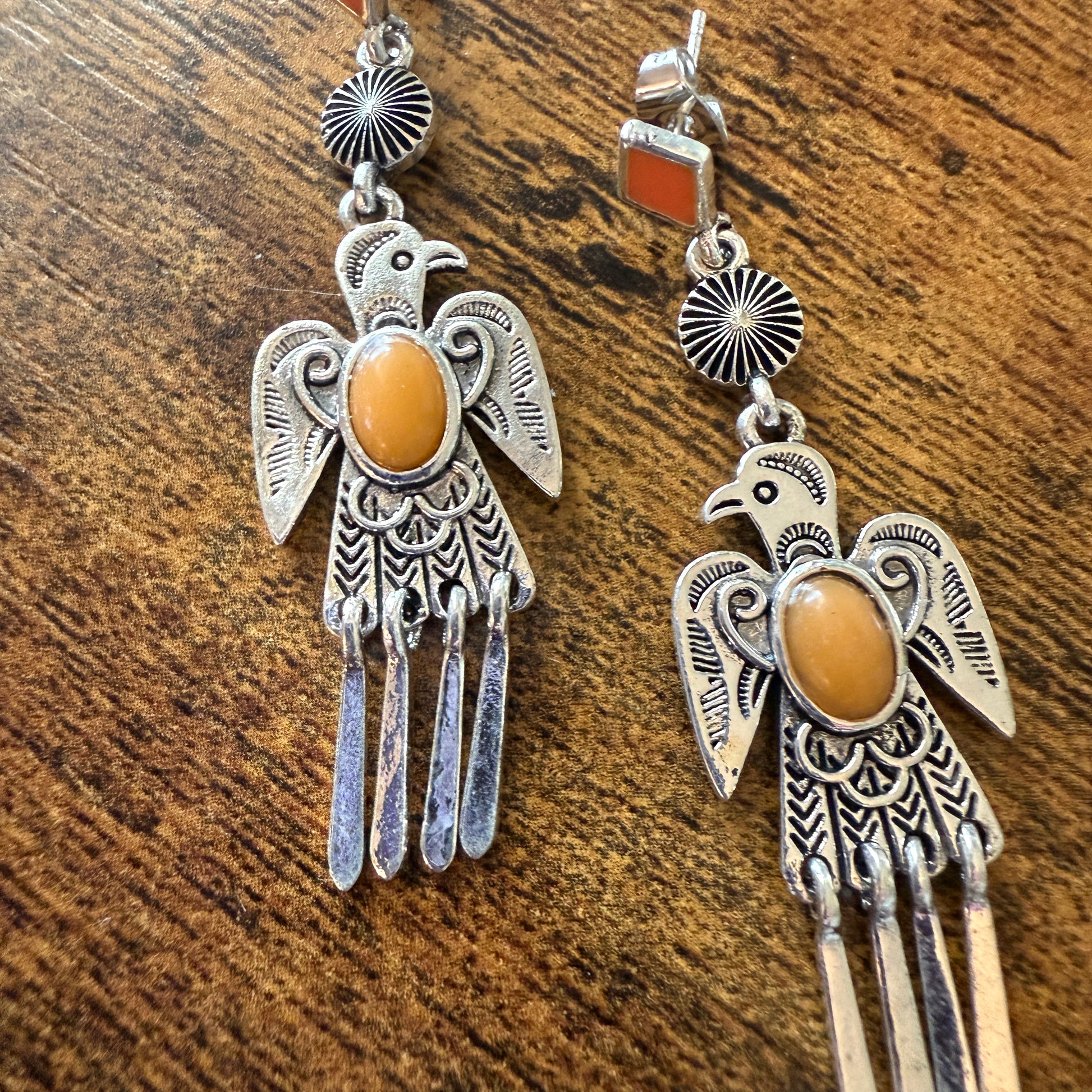 Navajo Style Thunderbird Post Drop Earrings With Faux Coral Gemstones In Mixed Metals Silver Elegant