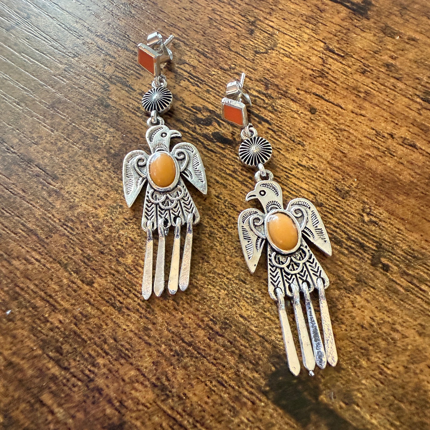 Navajo Style Thunderbird Post Drop Earrings With Faux Coral Gemstones In Mixed Metals Silver Elegant