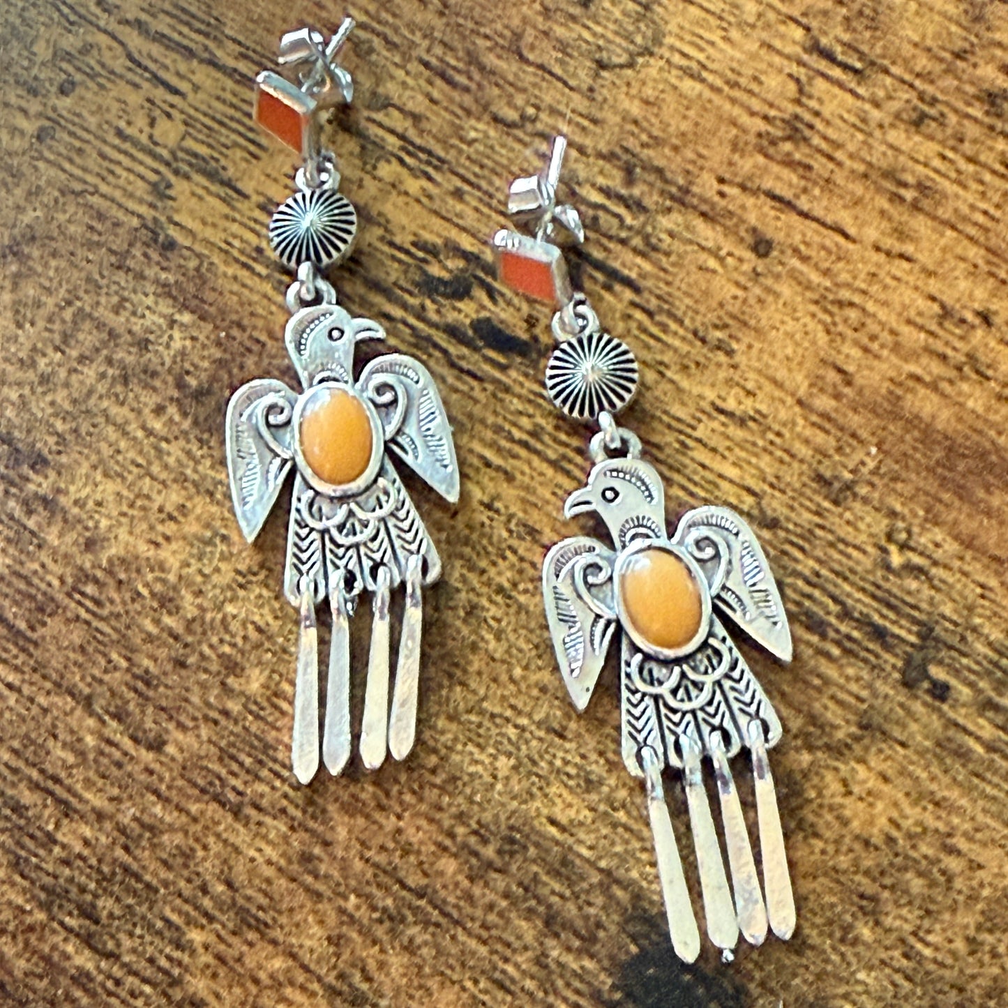 Navajo Style Thunderbird Post Drop Earrings With Faux Coral Gemstones In Mixed Metals Silver Elegant