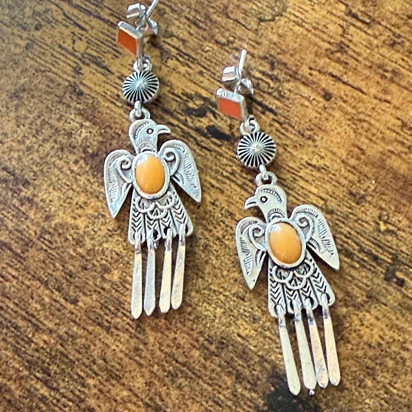 Navajo Style Thunderbird Post Drop Earrings With Faux Coral Gemstones In Mixed Metals Silver Elegant