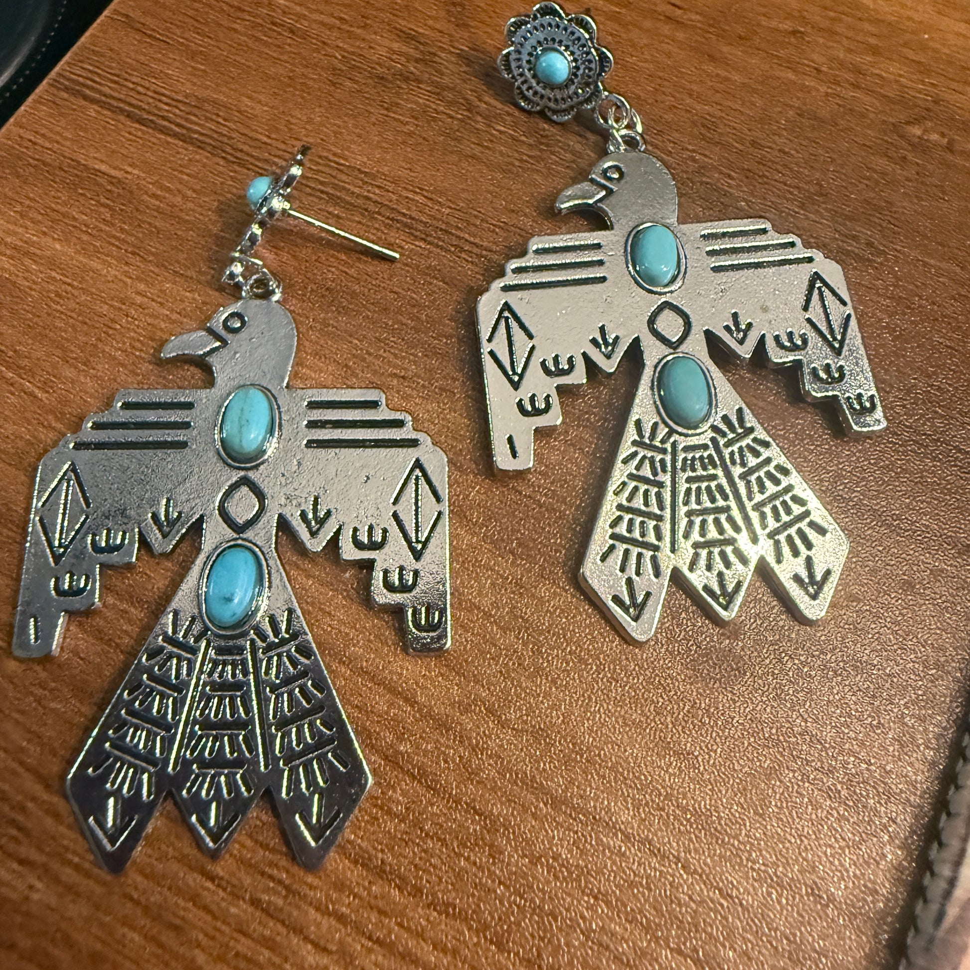 Navajo Style Thunderbird Turquoise Dangle Post Earrings, Mixed Metals Silver Elegant