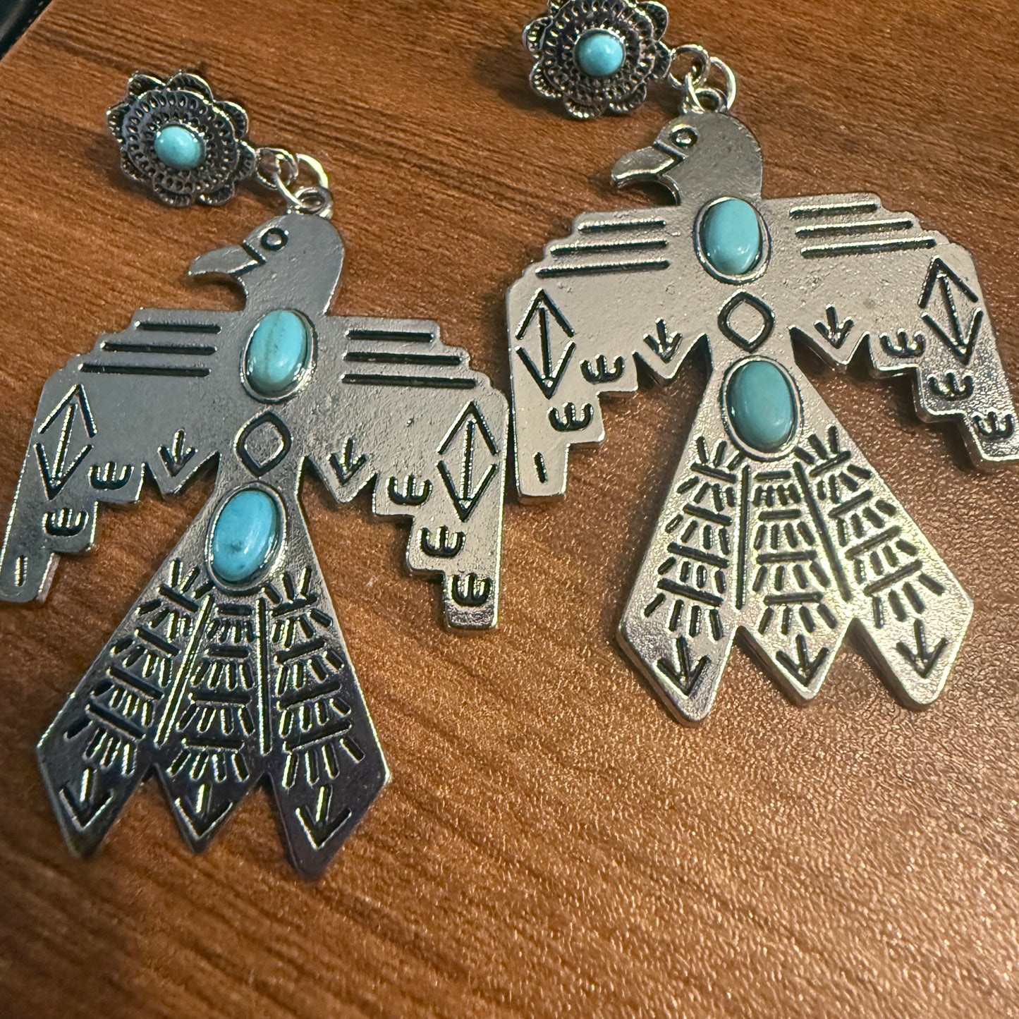 Navajo Style Thunderbird Turquoise Dangle Post Earrings, Mixed Metals Silver Elegant