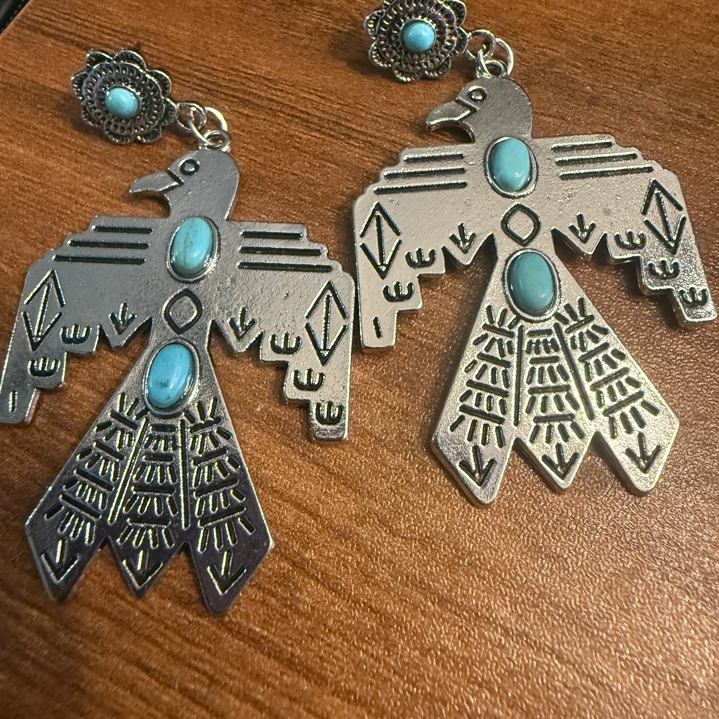 Navajo Style Thunderbird Turquoise Dangle Post Earrings, Mixed Metals Silver Elegant