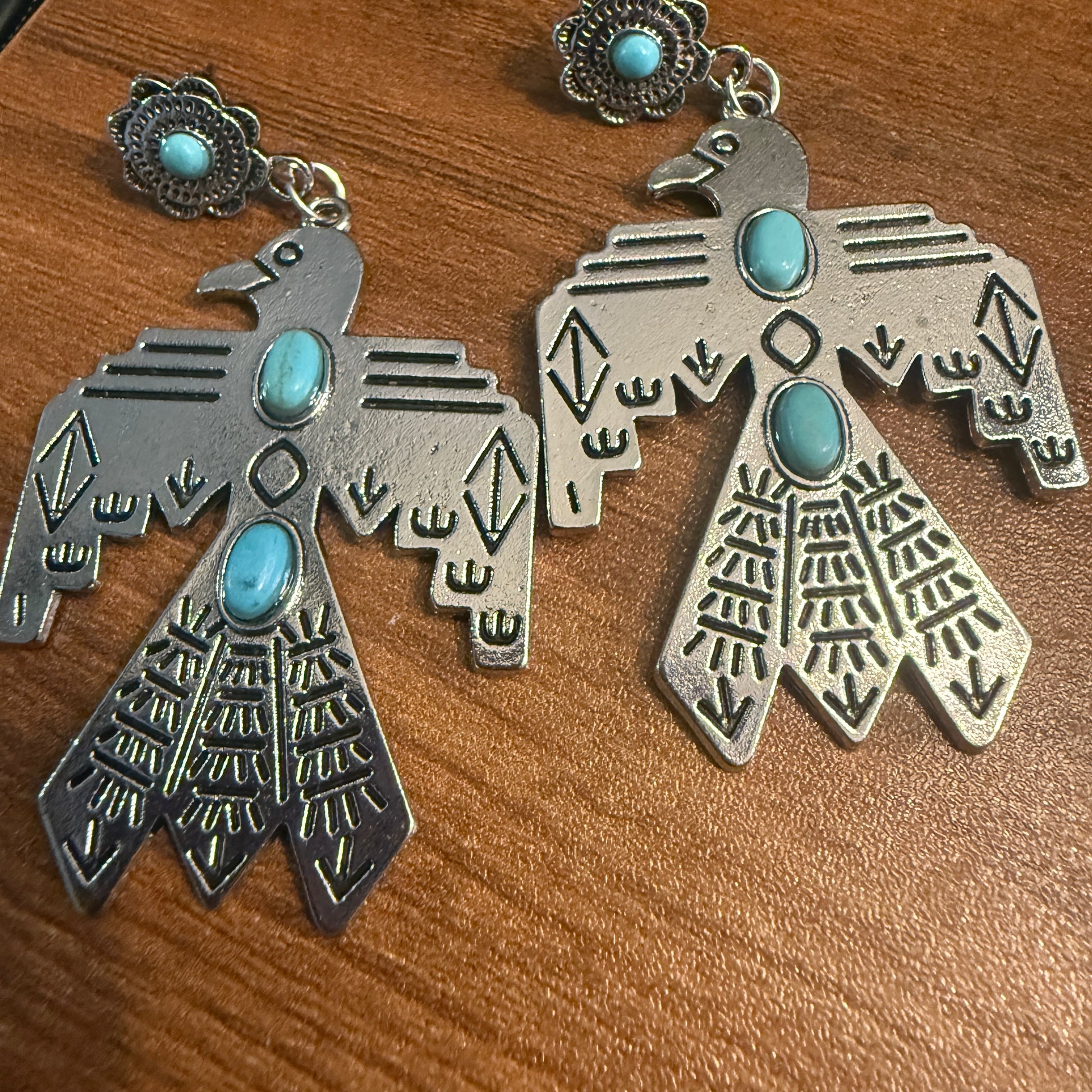 Navajo Style Thunderbird Turquoise Dangle Post Earrings, Mixed Metals Silver Elegant