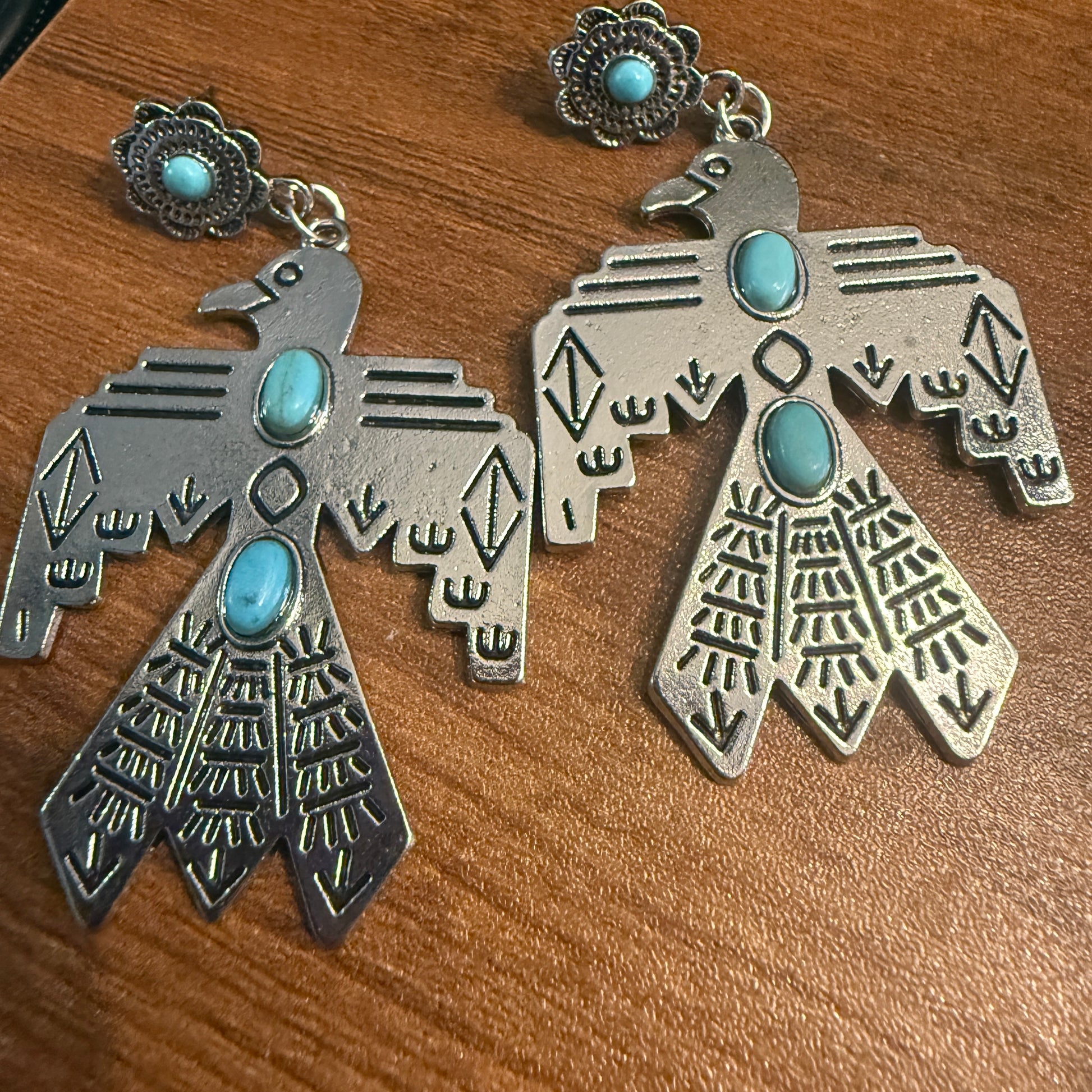Navajo Style Thunderbird Turquoise Dangle Post Earrings, Mixed Metals Silver Elegant