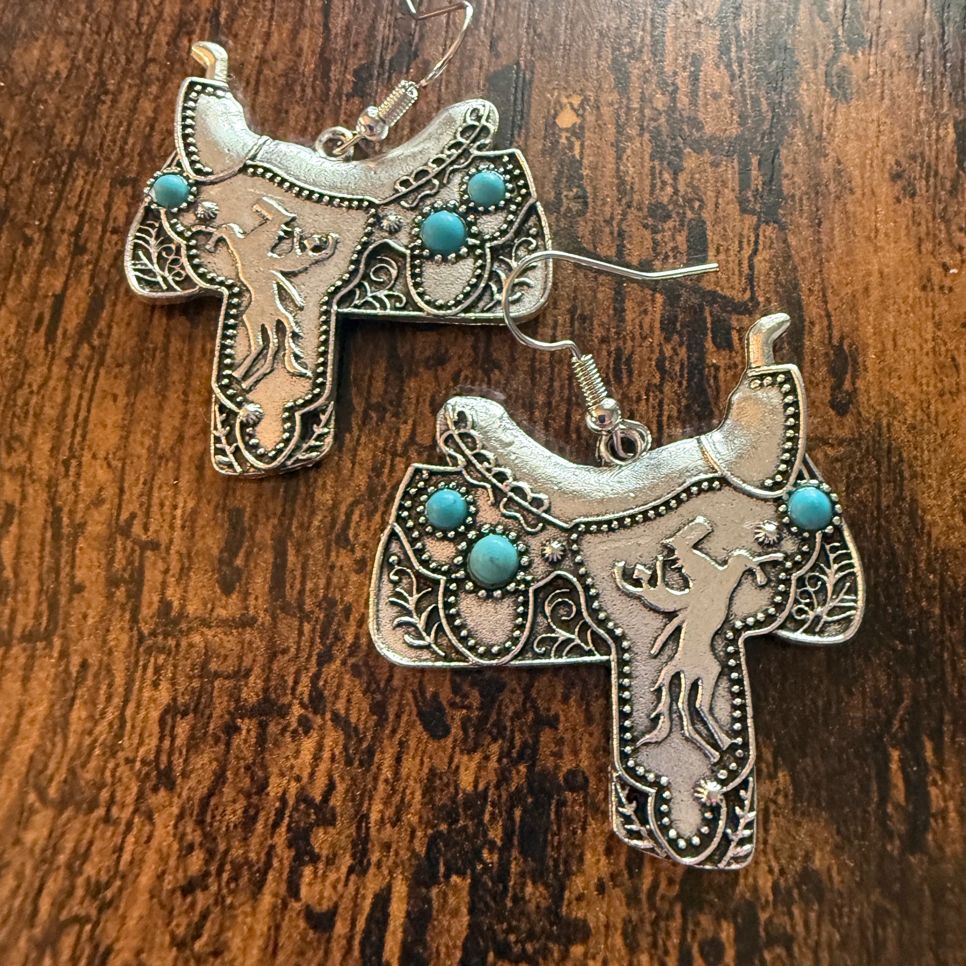 Western Cowgirl Turquoise Saddle Up Wire Drop Earrings With Mixed Metals Silver Elegant