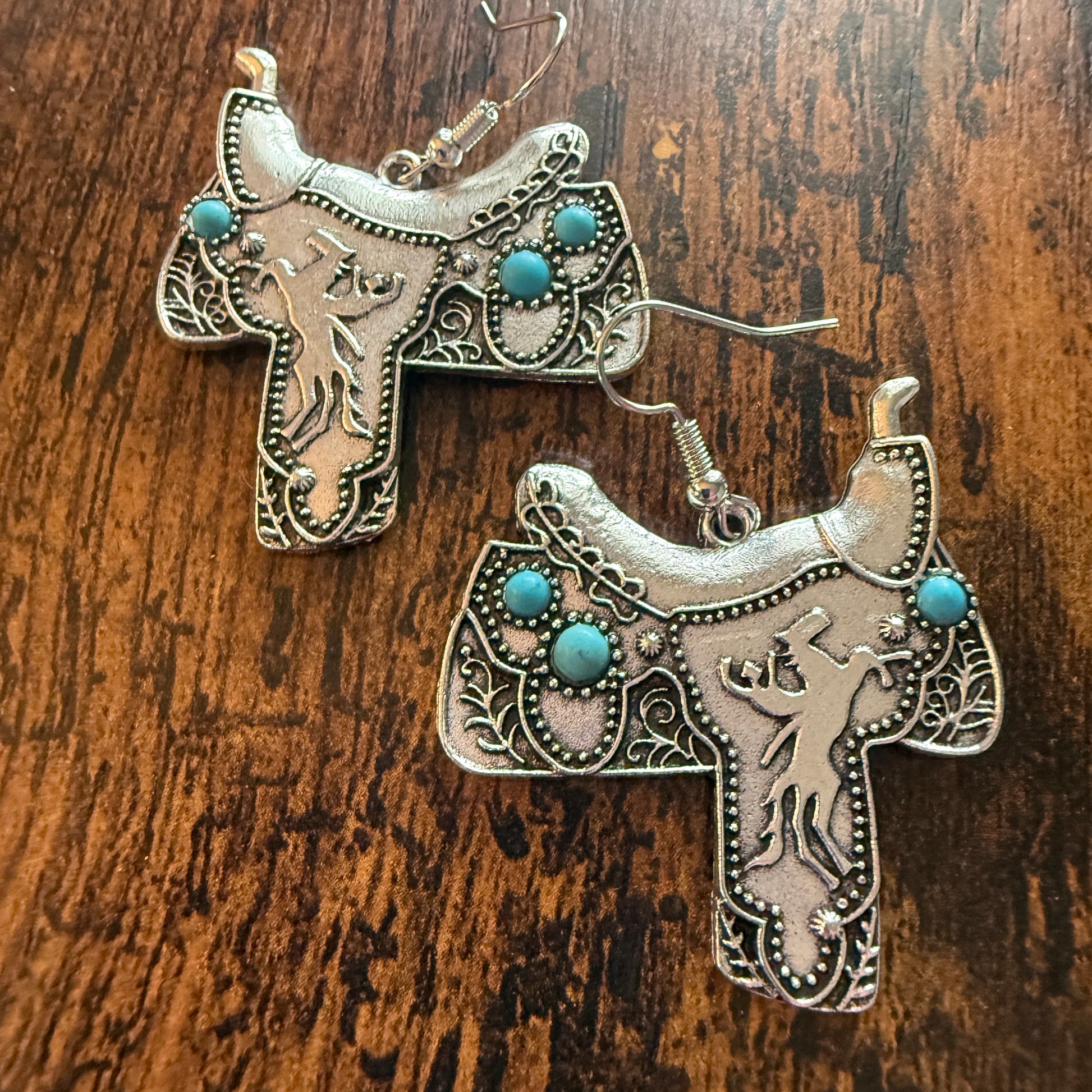 Western Cowgirl Turquoise Saddle Up Wire Drop Earrings With Mixed Metals Silver Elegant