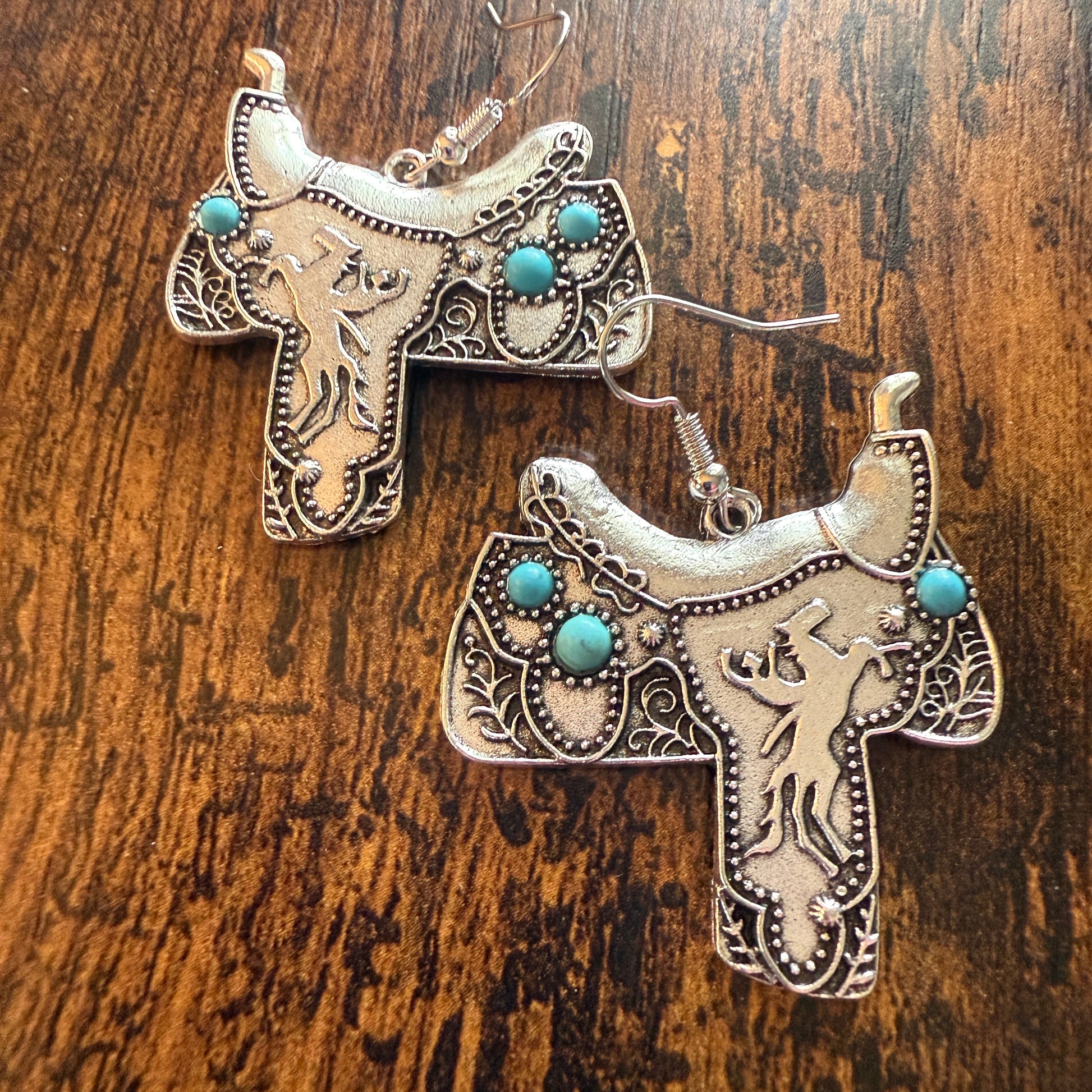 Western Cowgirl Turquoise Saddle Up Wire Drop Earrings With Mixed Metals Silver Elegant