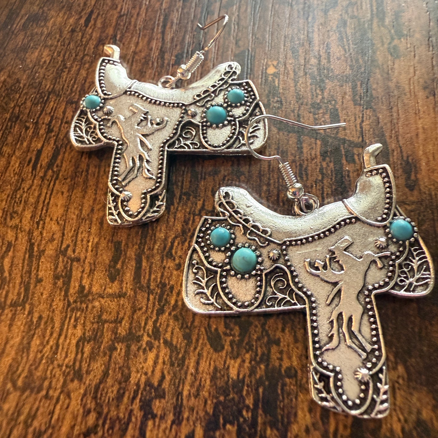 Western Cowgirl Turquoise Saddle Up Wire Drop Earrings With Mixed Metals Silver Elegant
