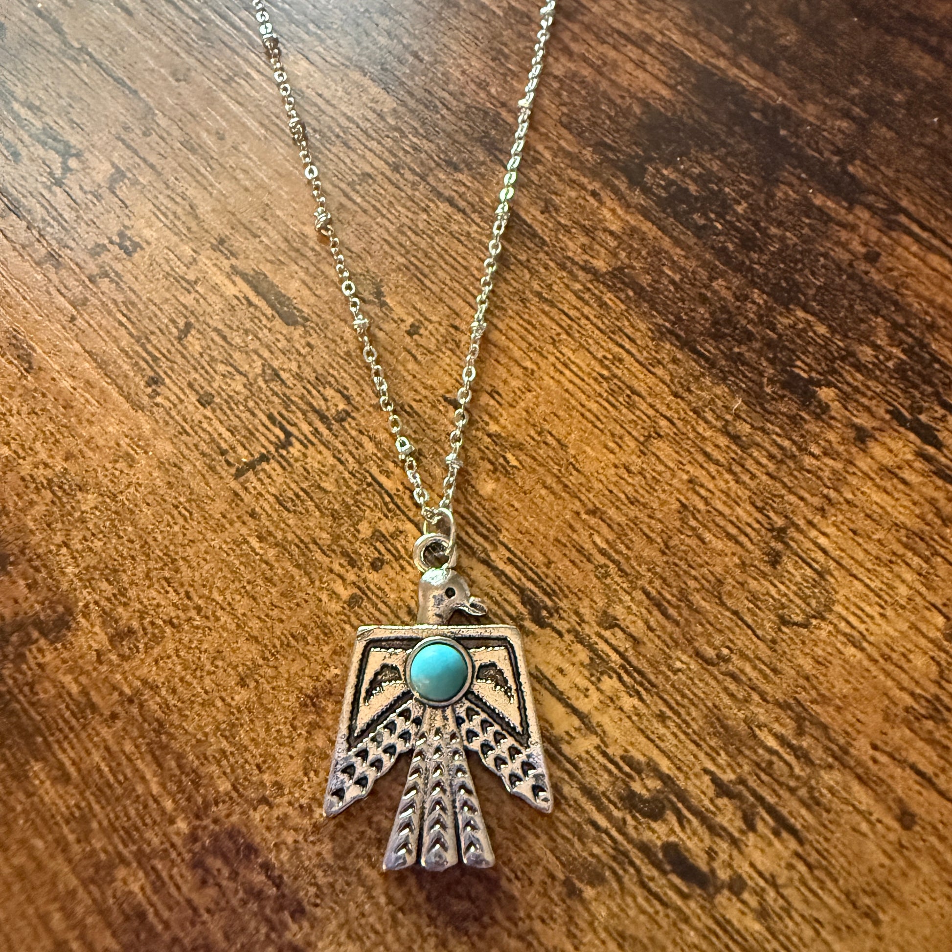 Navajo Style Thunderbird Faux Turquoise Pendant Necklace Mixed Metals Silver Elegant
