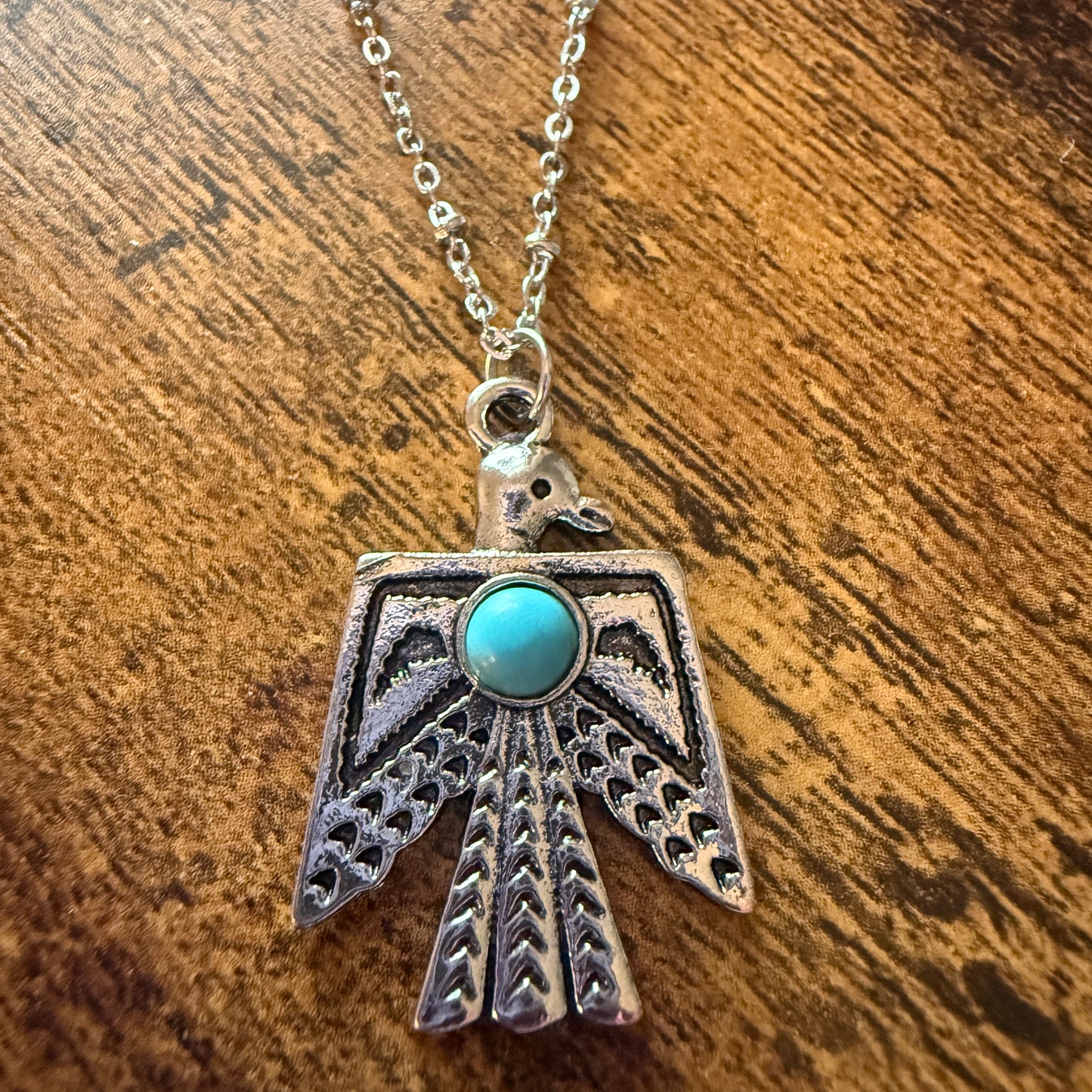 Navajo Style Thunderbird Faux Turquoise Pendant Necklace Mixed Metals Silver Elegant