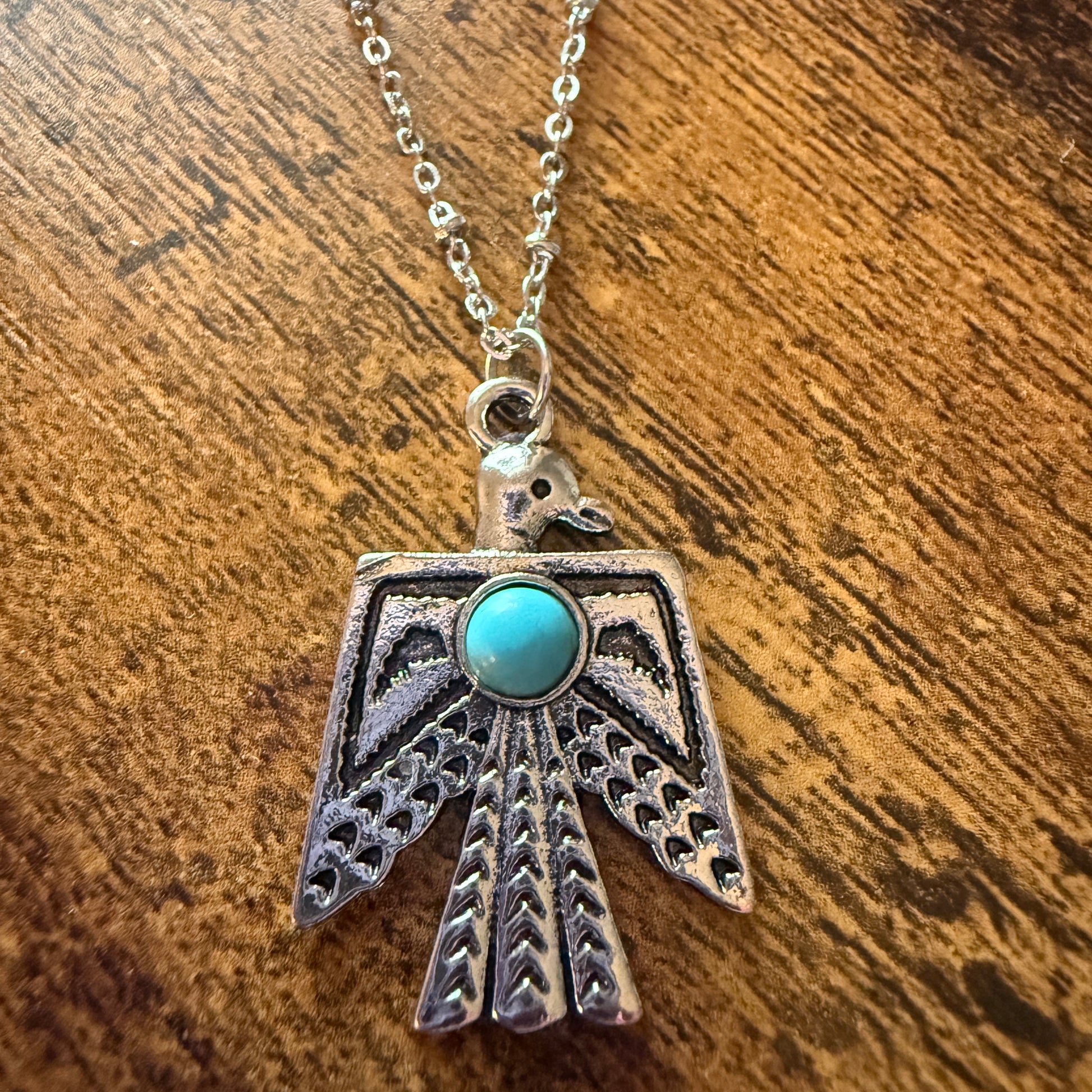 Navajo Style Thunderbird Faux Turquoise Pendant Necklace Mixed Metals Silver Elegant