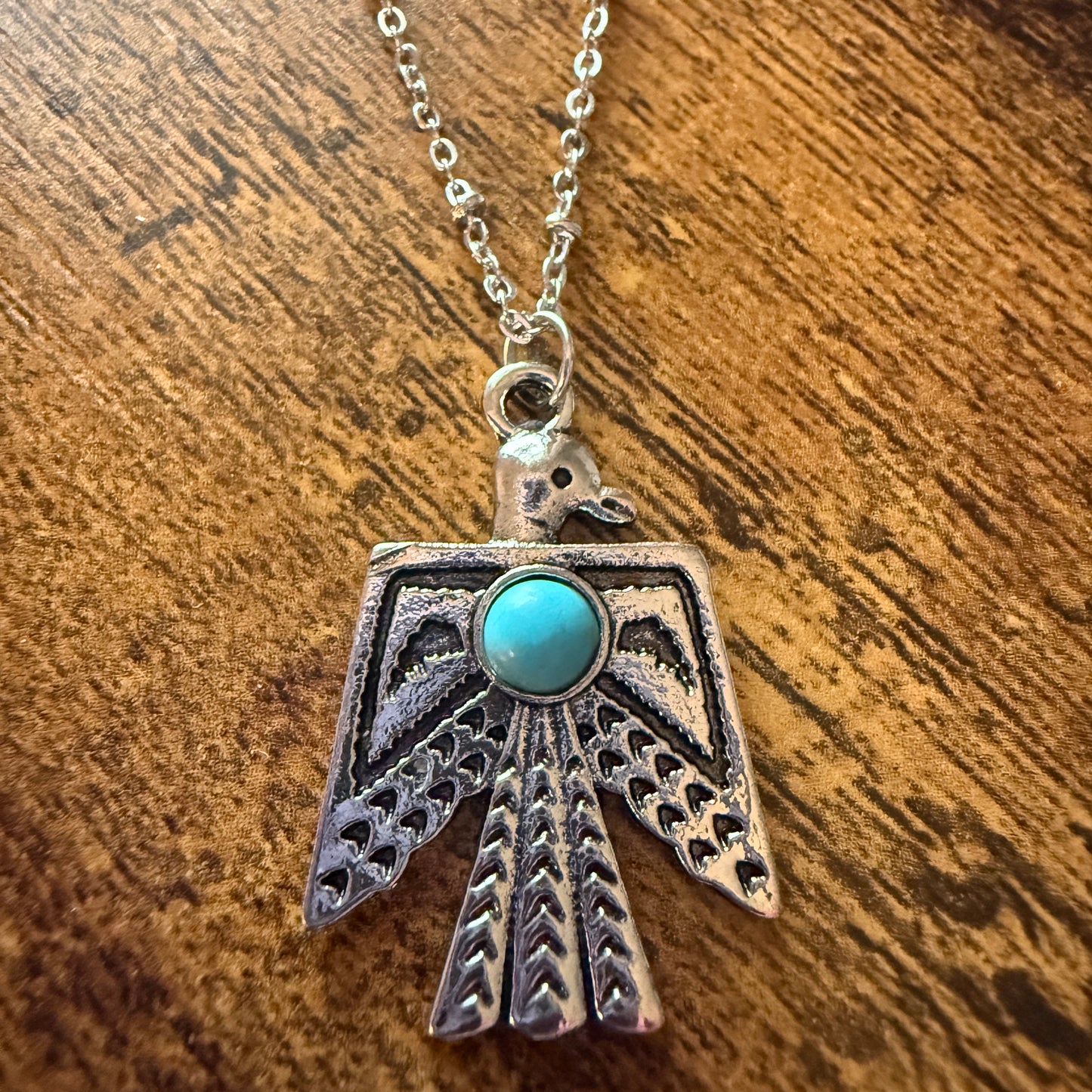 Navajo Style Thunderbird Faux Turquoise Pendant Necklace Mixed Metals Silver Elegant