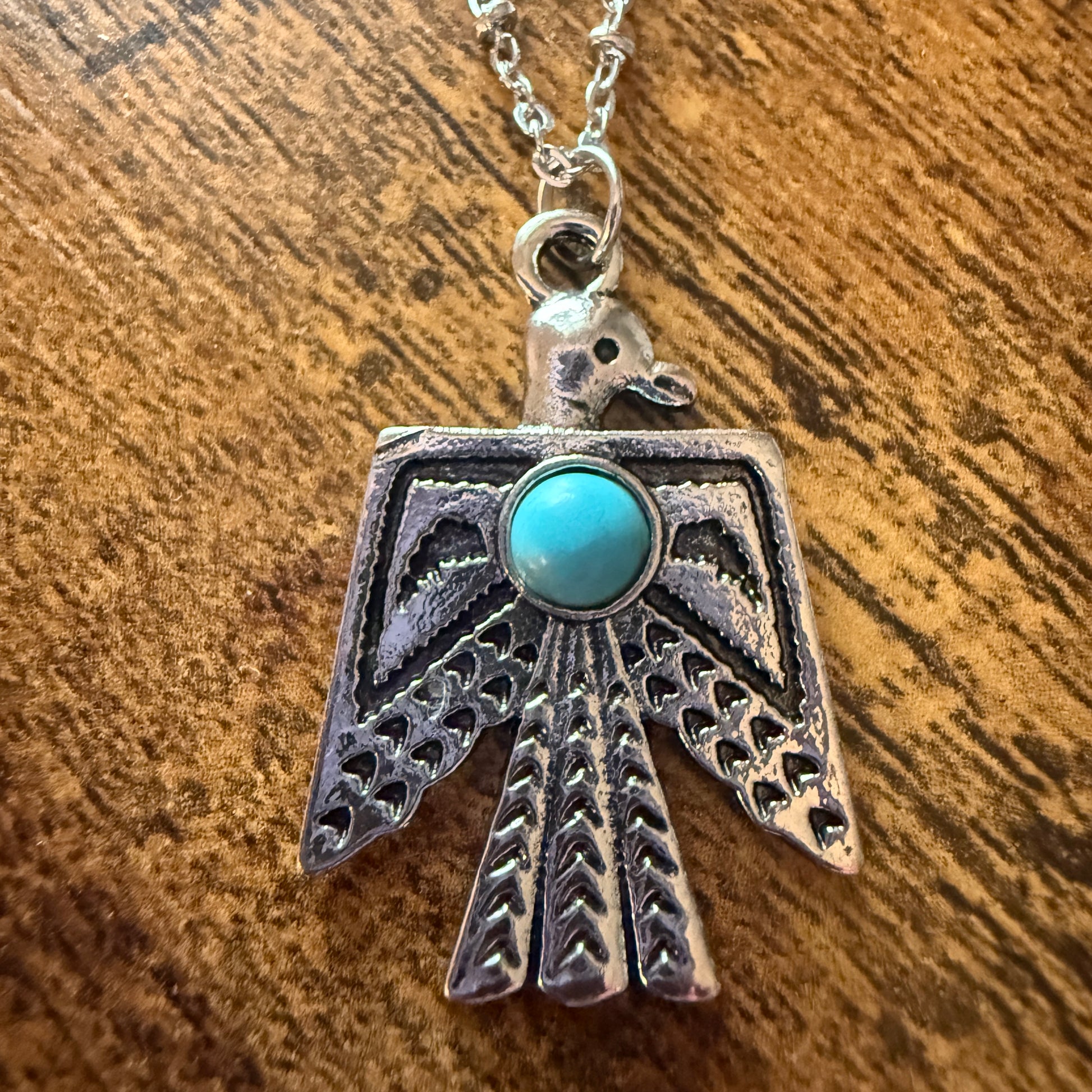 Navajo Style Thunderbird Faux Turquoise Pendant Necklace Mixed Metals Silver Elegant