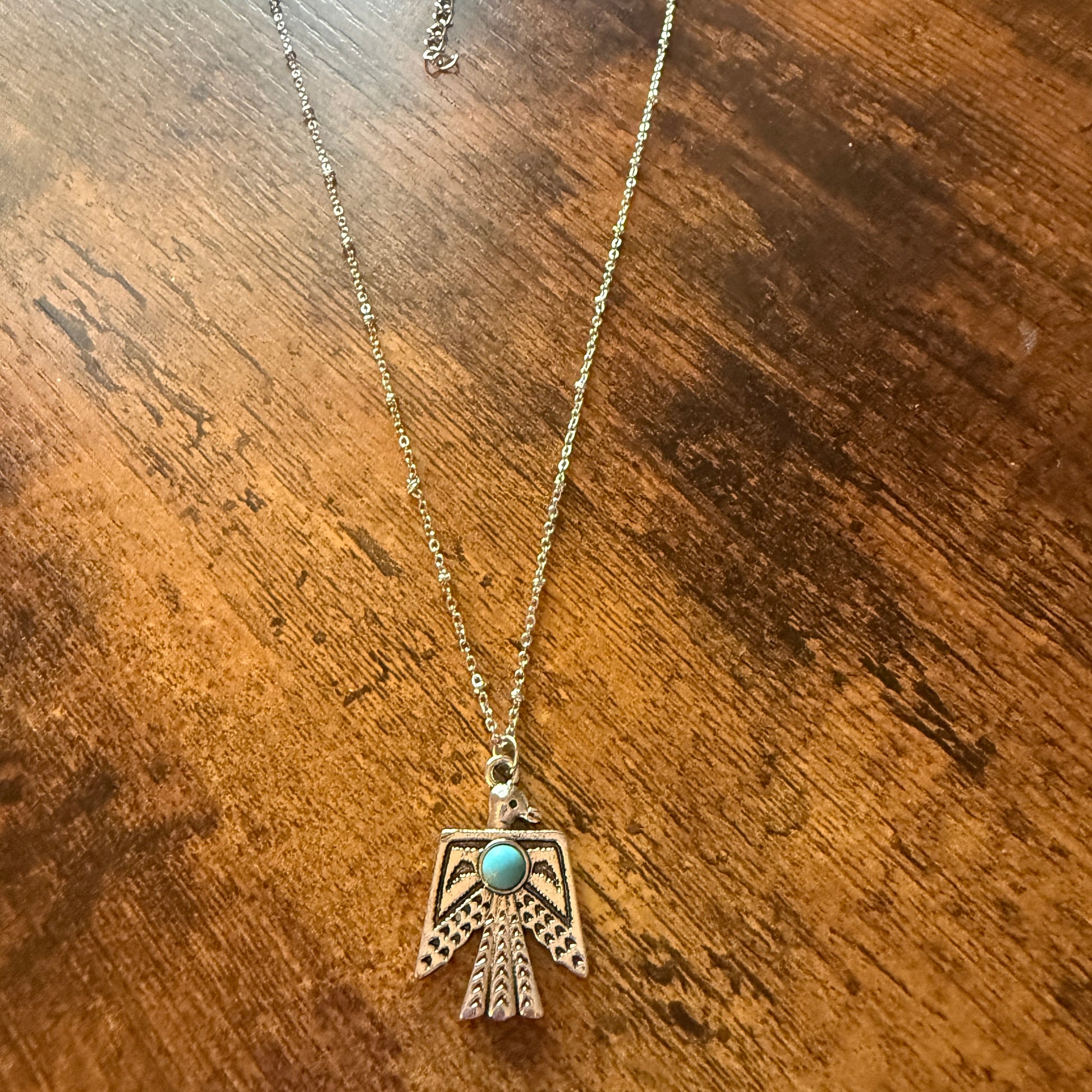 Navajo Style Thunderbird Faux Turquoise Pendant Necklace Mixed Metals Silver Elegant