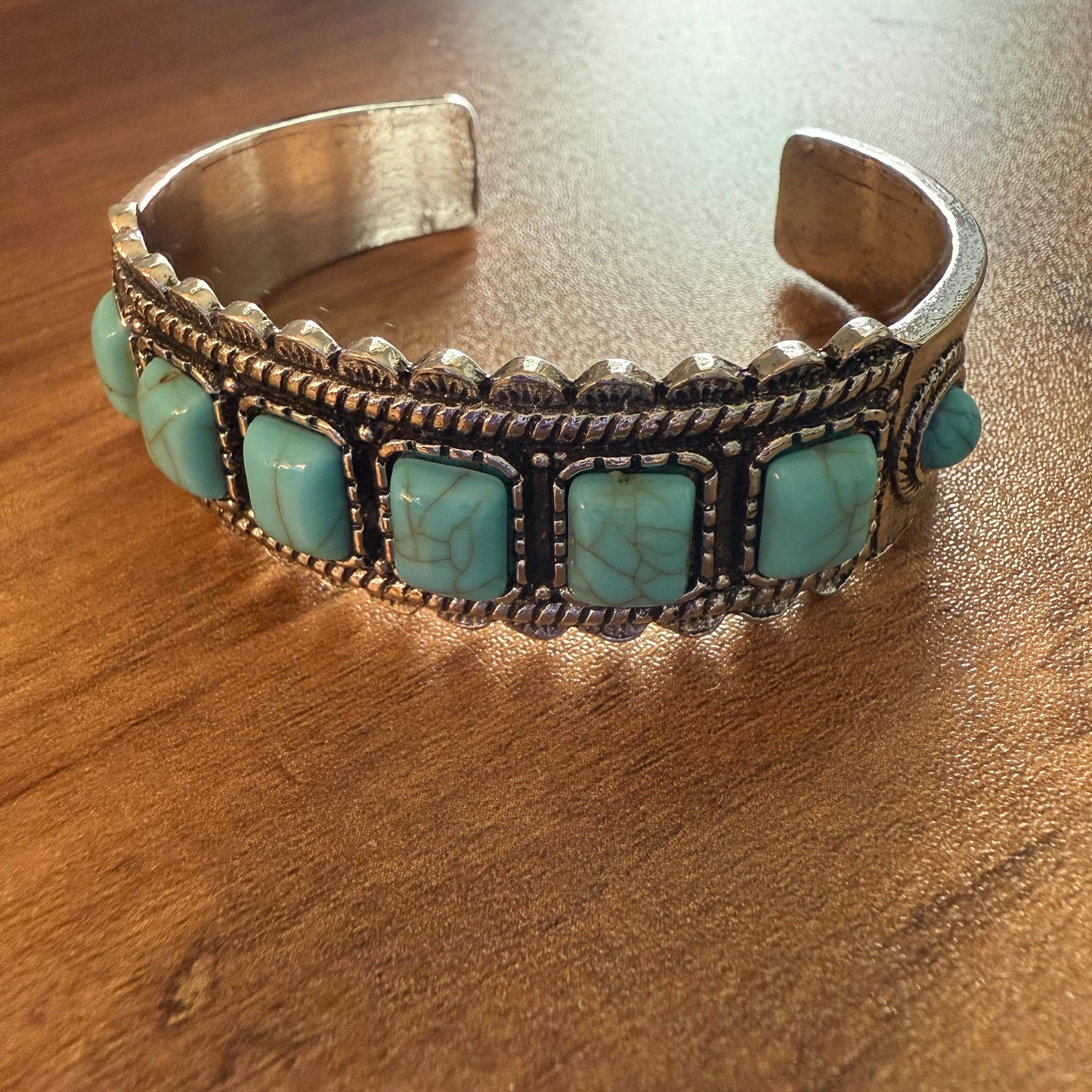 Western Cowgirl Turquoise Gemstone Cuff Bangle Mixed Metals Silver Elegant