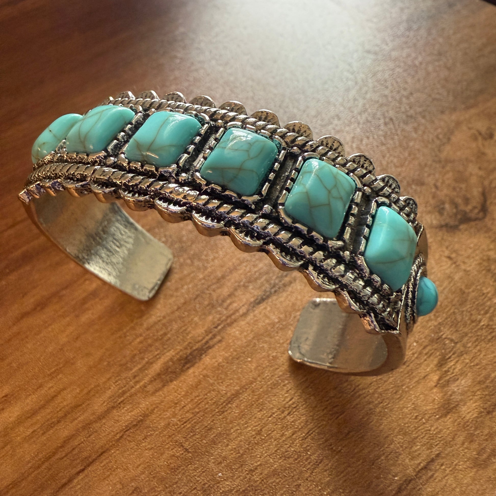 Western Cowgirl Turquoise Gemstone Cuff Bangle Mixed Metals Silver Elegant