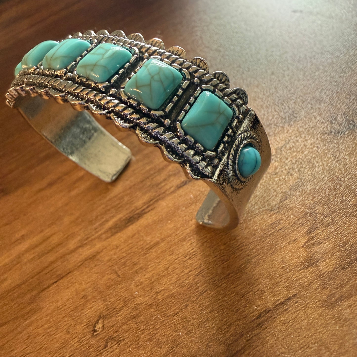 Western Cowgirl Turquoise Gemstone Cuff Bangle Mixed Metals Silver Elegant