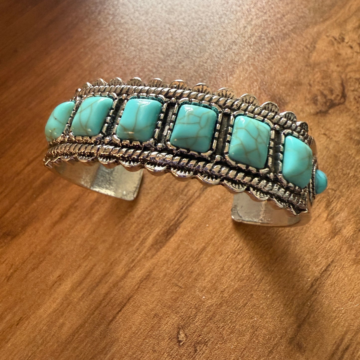 Western Cowgirl Turquoise Gemstone Cuff Bangle Mixed Metals Silver Elegant