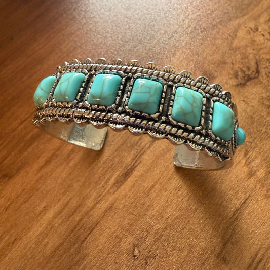 Western Cowgirl Turquoise Gemstone Cuff Bangle Mixed Metals Silver Elegant