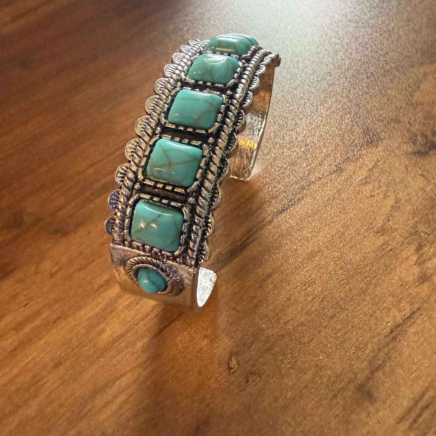 Western Cowgirl Turquoise Gemstone Cuff Bangle Mixed Metals Silver Elegant