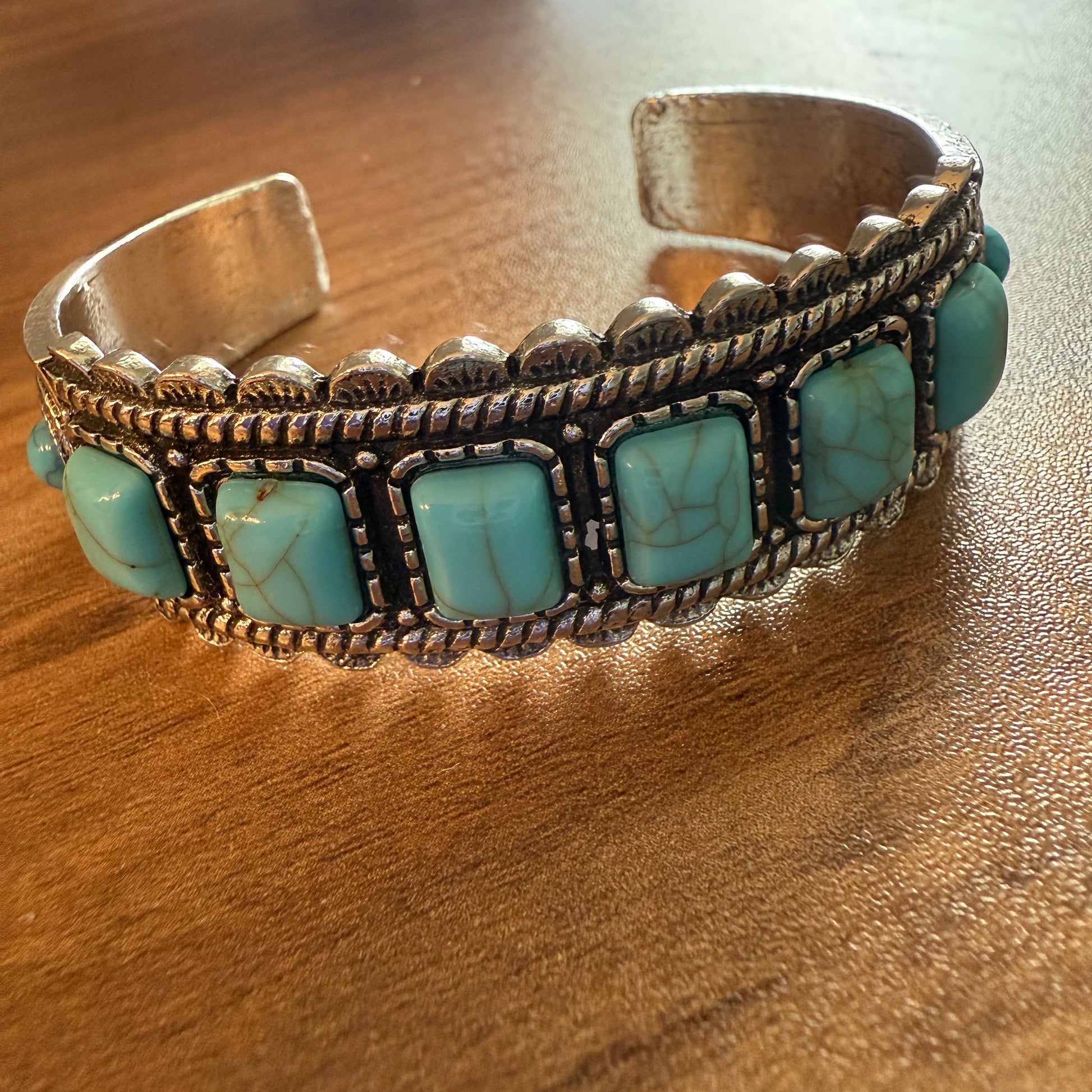 Western Cowgirl Turquoise Gemstone Cuff Bangle Mixed Metals Silver Elegant