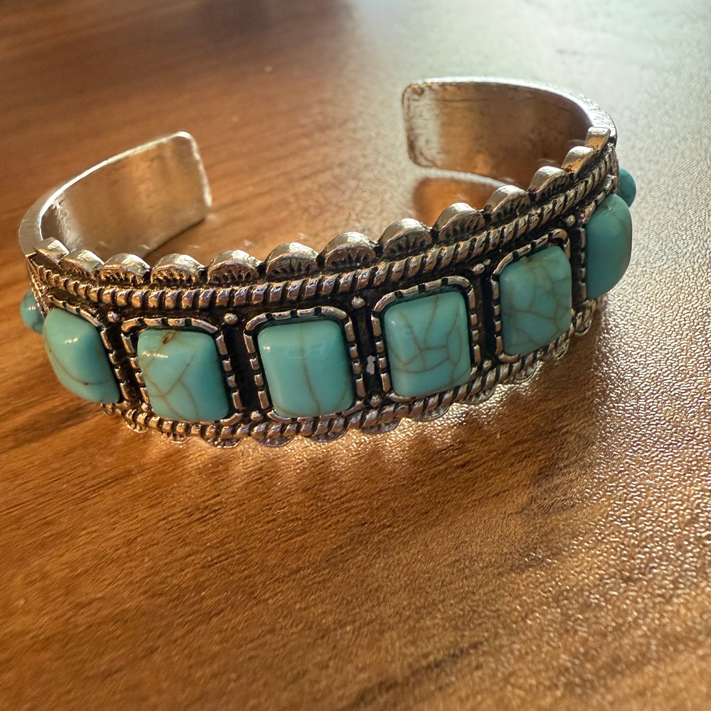 Western Cowgirl Turquoise Gemstone Cuff Bangle Mixed Metals Silver Elegant