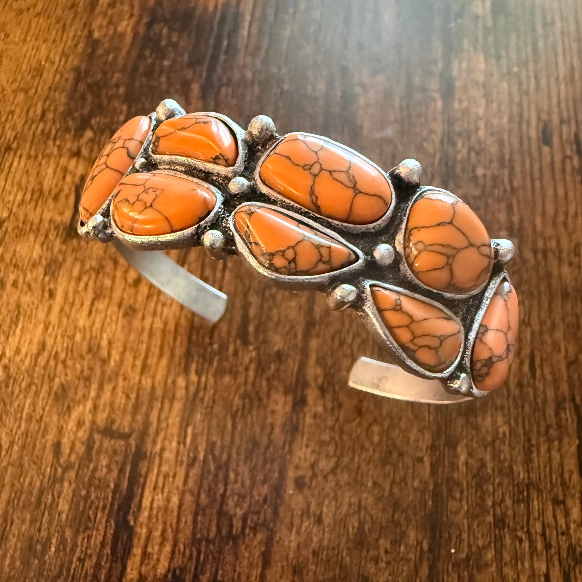Western Cowgirl Faux Coral Gemstone Cuff Bangle, Mixed Metals WildWestBoho