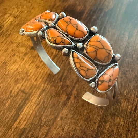 Western Cowgirl Faux Coral Gemstone Cuff Bangle, Mixed Metals WildWestBoho