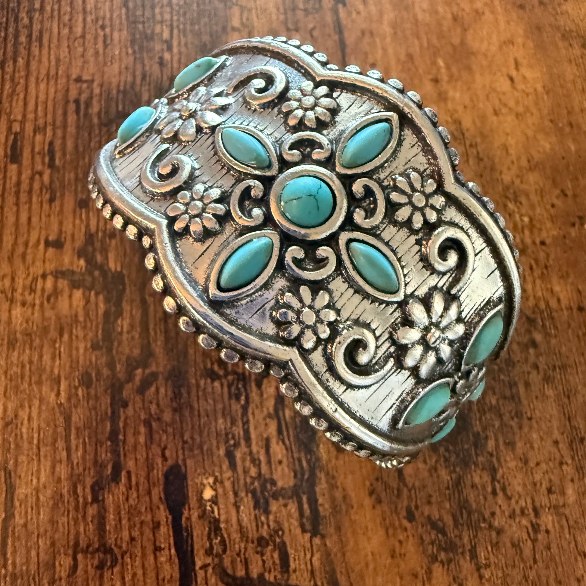 Western Cowgirl Turquoise Gemstone Floral Wide Cuff Bracelet in Mixed Metals Silver Elegant