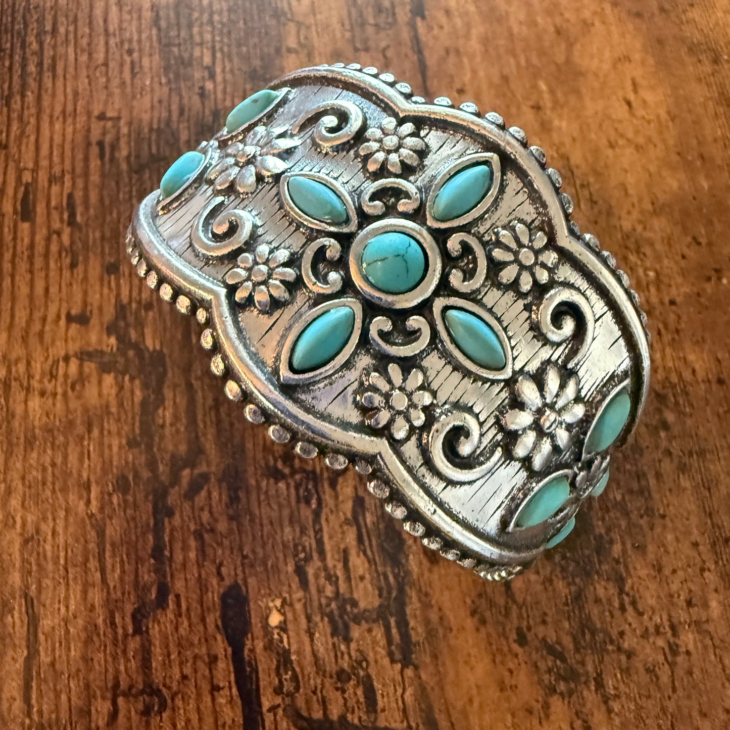 Western Cowgirl Turquoise Gemstone Floral Wide Cuff Bracelet in Mixed Metals Silver Elegant