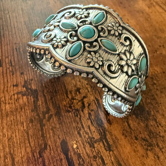 Western Cowgirl Turquoise Gemstone Floral Wide Cuff Bracelet in Mixed Metals Silver Elegant
