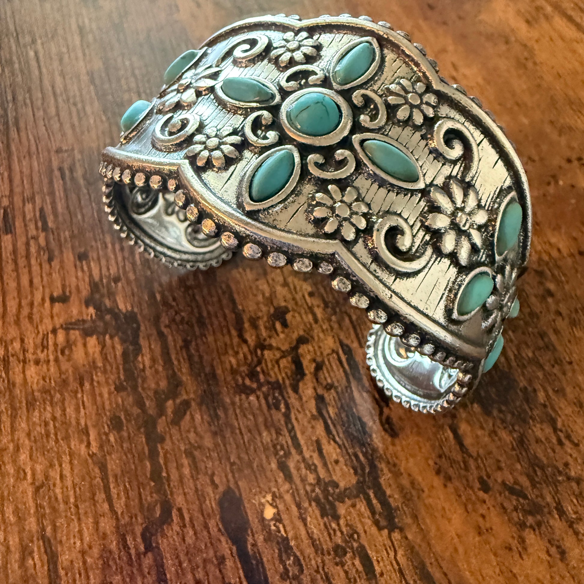 Western Cowgirl Turquoise Gemstone Floral Wide Cuff Bracelet in Mixed Metals Silver Elegant